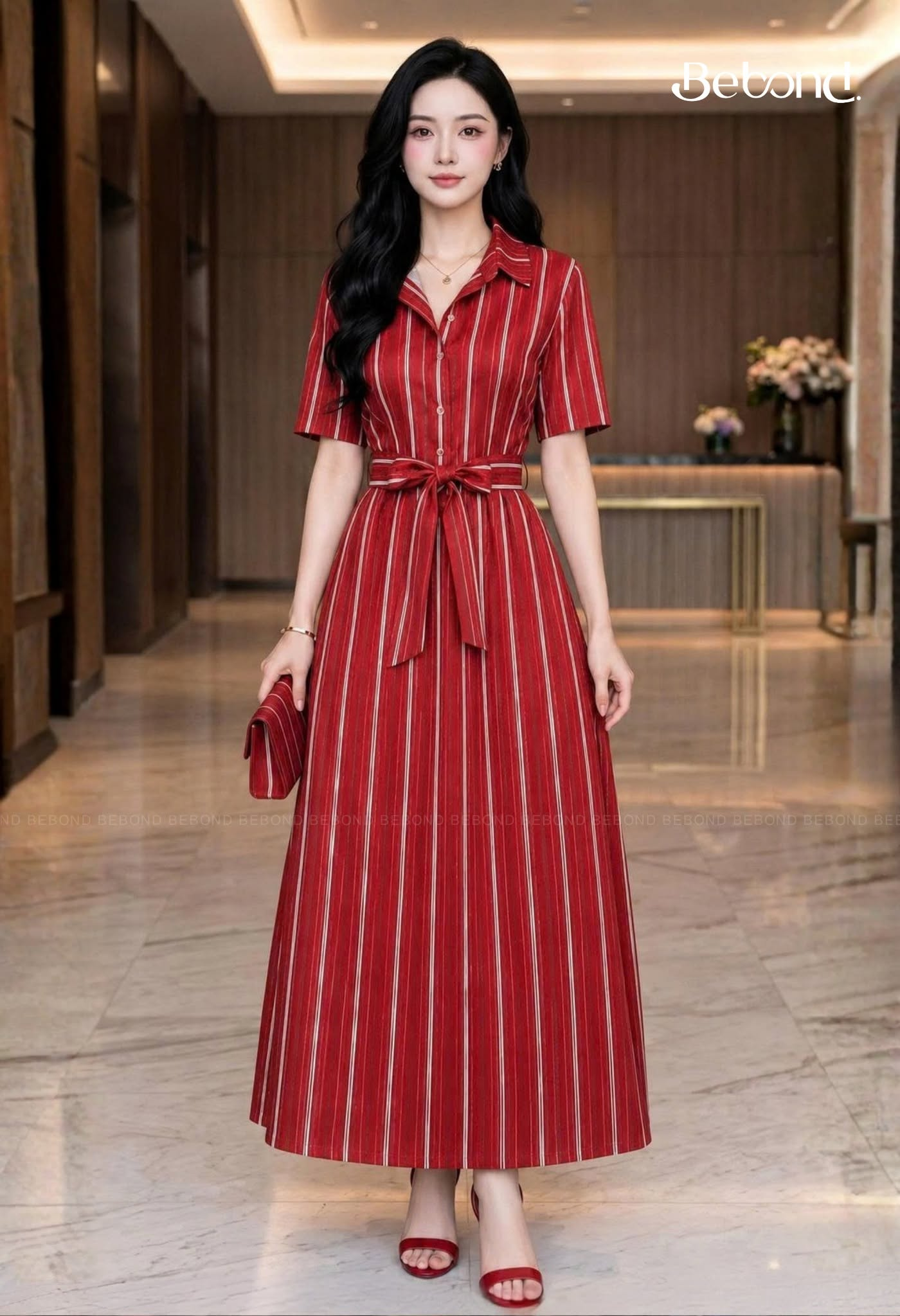 Váy sơ mi dài REDDY sọc màu ĐỎ