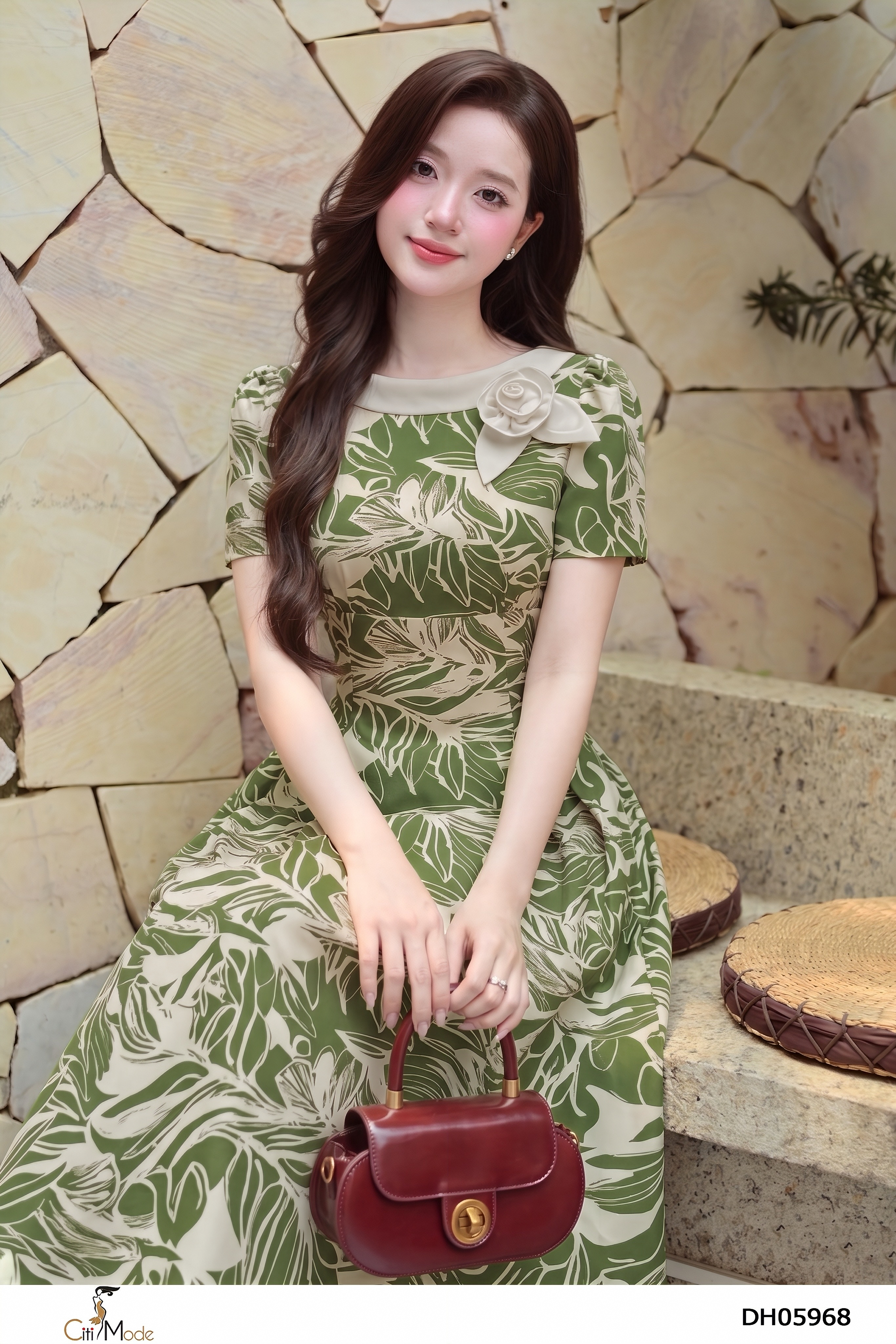 Đầm xòe hoa xanh cổ phối trắng kem hoa tay ngắn_thumbnail_3