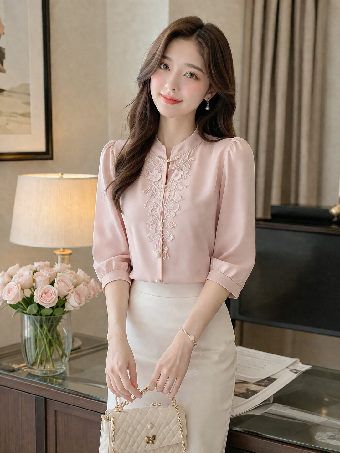 MS NF0305387 : ÁO SƠ MI THÊU KHUY TẾT PHONG CÁCH TRUNG HOA