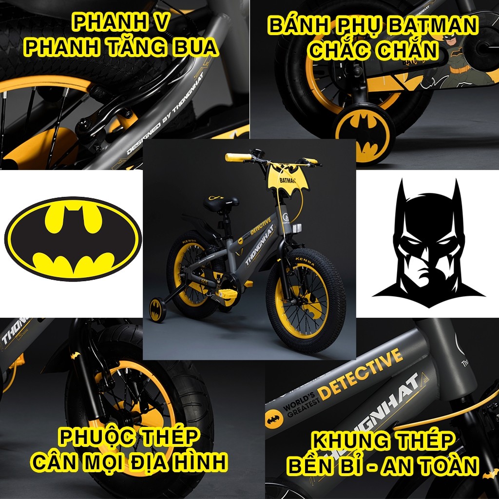 Xe Đạp Thống Nhất Trẻ Em Batman - Tặng Full Phụ Kiện - Xe Đạp Người Dơi Cho Bé Trai Chính Hãng