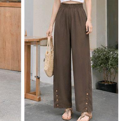 Quần dài lenin nút ống rộng mã 382 lưng thun Thiết Kế Thời Trang Free size 45-75kg Phong Cách Hiện Đại Thoải Mái_thumbnail_1