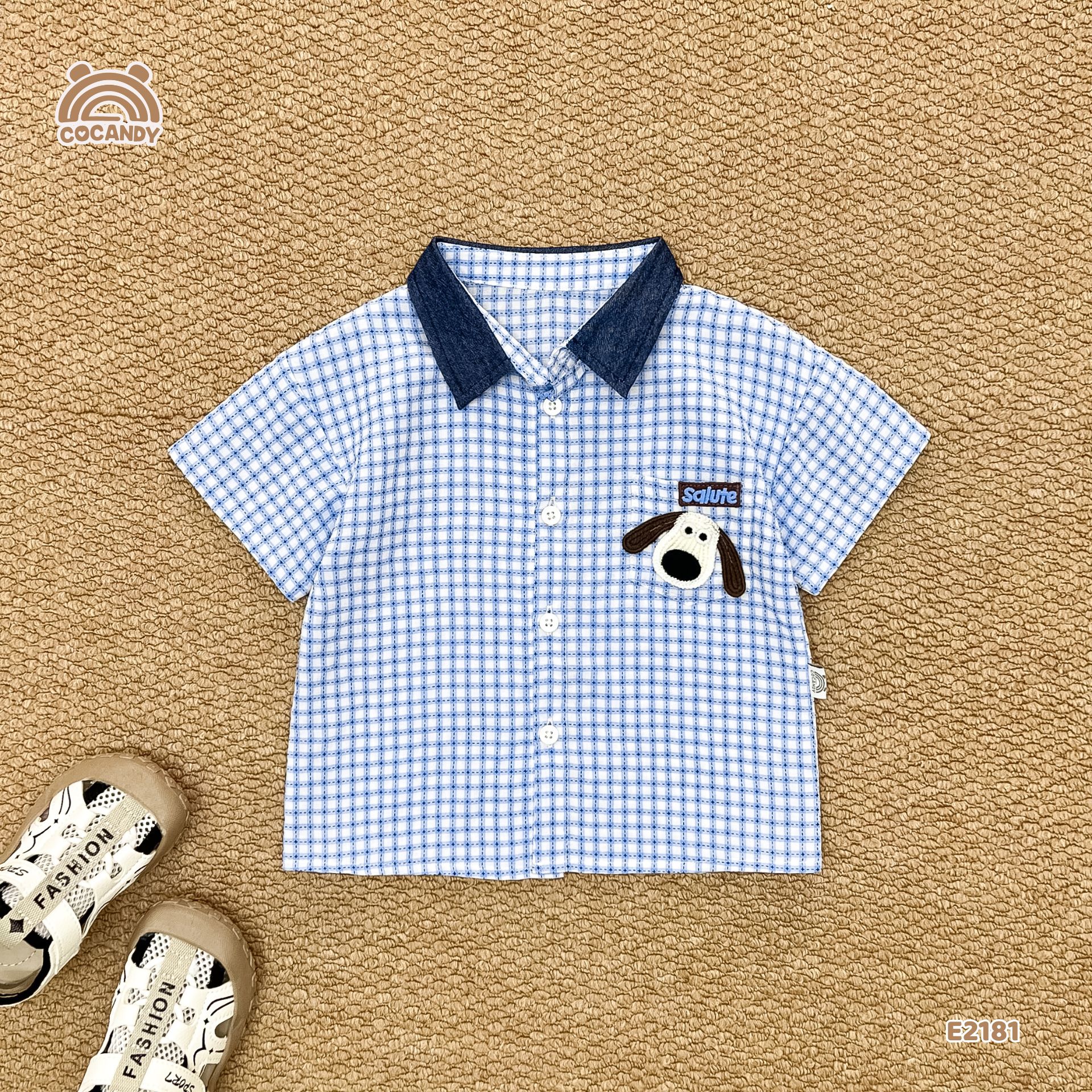Áo cộc sơ mi kẻ XANH cổ xanh than hình cún_thumbnail_2