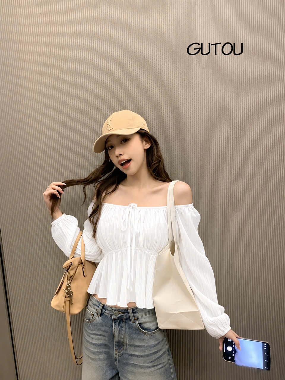 [ GUTOU ] Áo Kiểu Trễ Vai Ôm Dáng Tay Phồng Bo Chun
