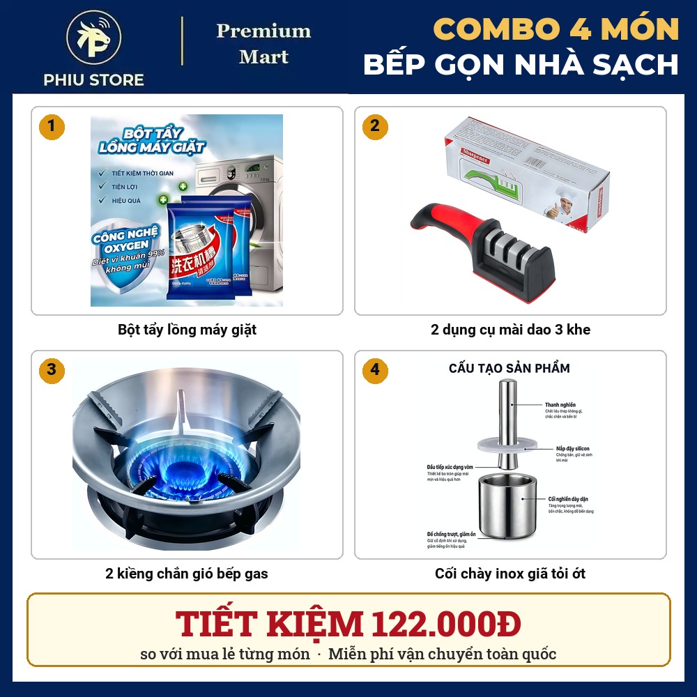 Combo Bếp Gọn Nhà Sạch 4 Món - Bột Tẩy Lồng Máy Giặt, Mài Dao 3 Khe, Kiềng Chắn Gió Bếp Gas, Cối Chày Inox