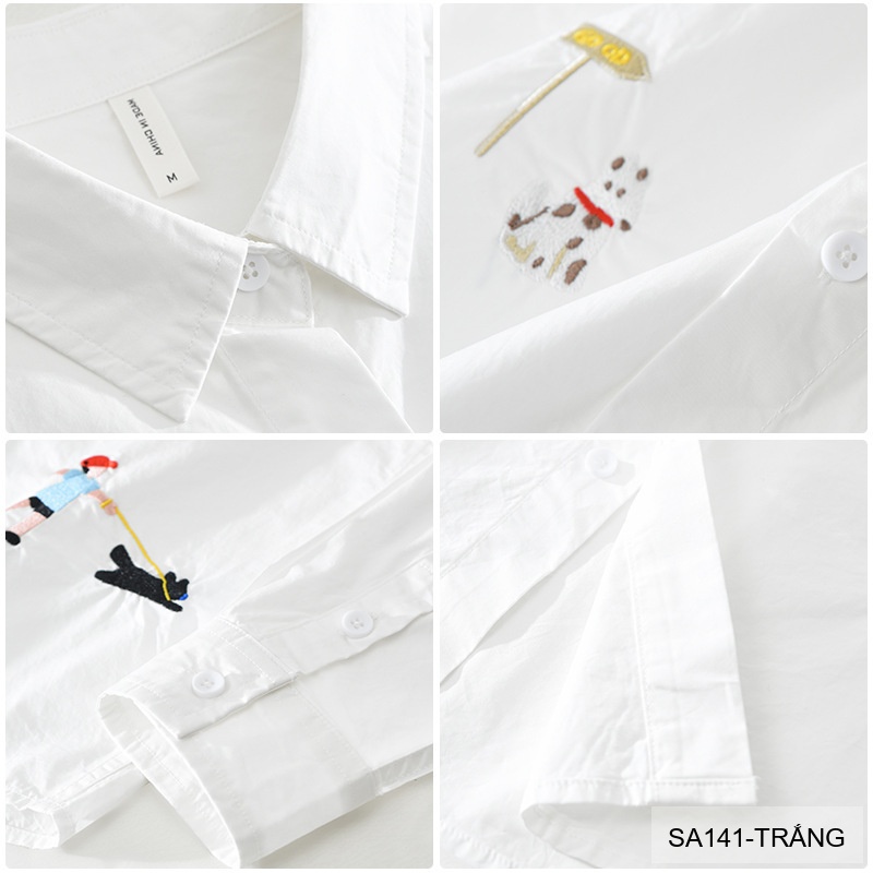 SA141 - Áo sơ mi nam phong cách Nhật Bản tay dài thêu họa tiết đáng yêu chất cotton trắng_thumbnail_3