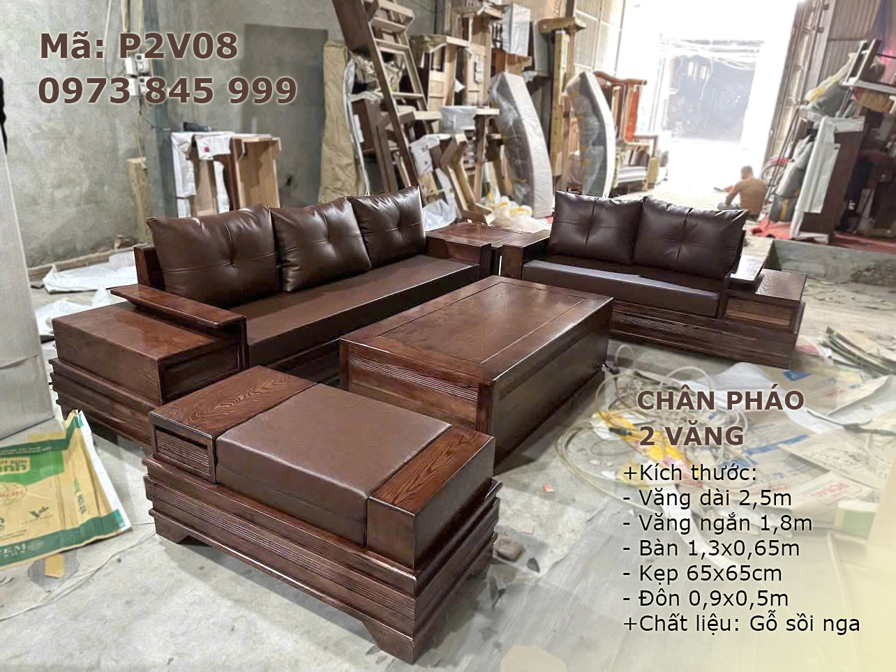 Sofa 2 văng chân pháo màu nâu đỏ