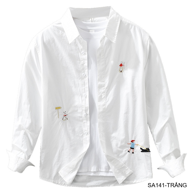 SA141 - Áo sơ mi nam phong cách Nhật Bản tay dài thêu họa tiết đáng yêu chất cotton trắng_thumbnail_4