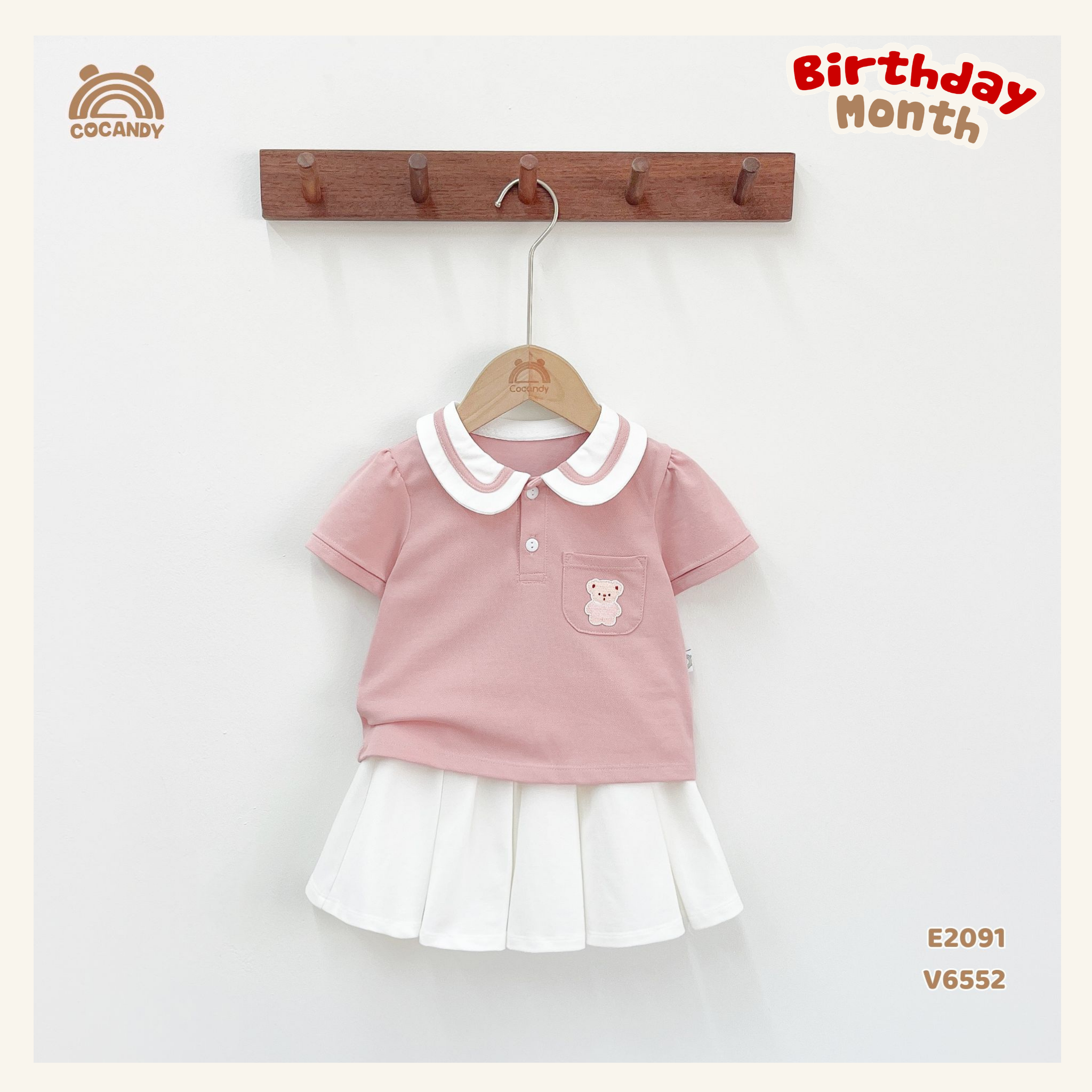 Áo cộc polo HỒNG túi tag gấu nâu