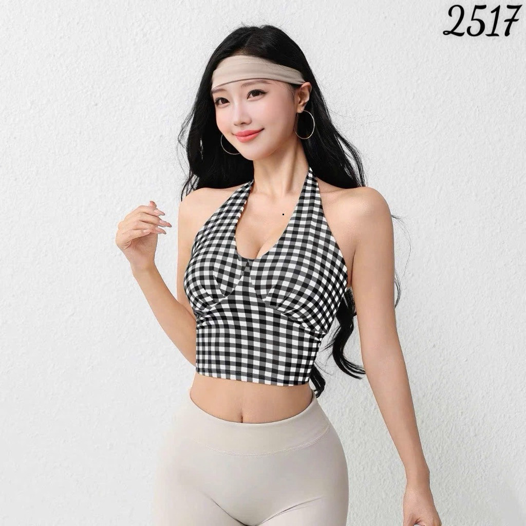 Áo Croptop Thể Thao Nữ Yếm Nhún Ngực Hoạ Tiết Caro Vải Thun Lạnh Thấm Hút Mồ Hôi_thumbnail_2