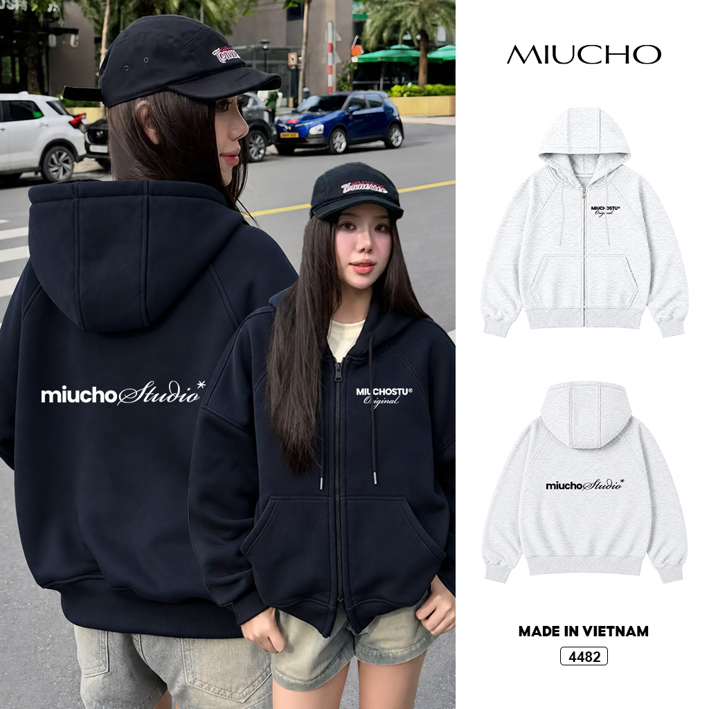 Áo hoodie zip Miucho form rộng basic nỉ 2 da in typography 4482