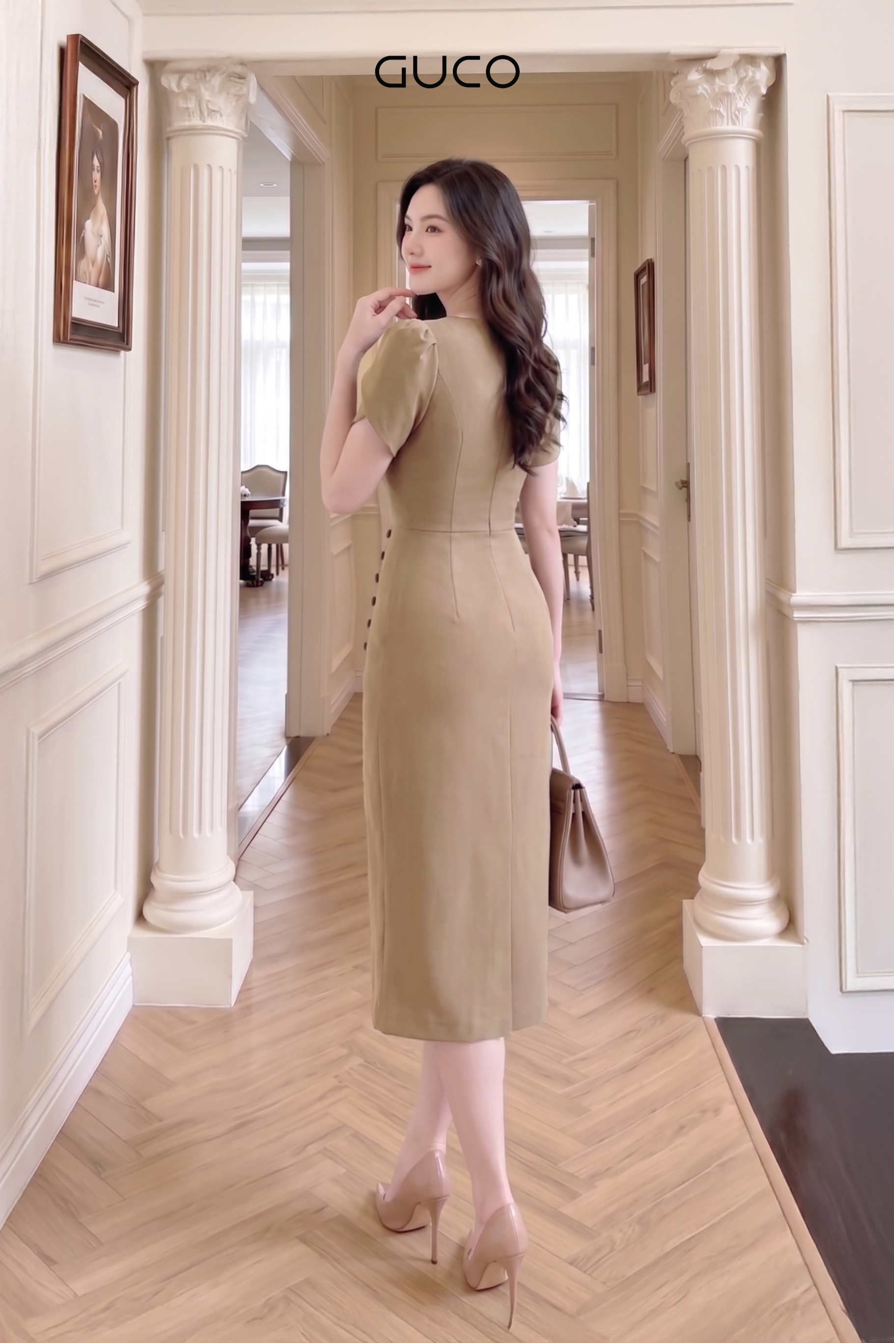 Đầm Body Nâu Cổ Vuông Tay Đắp Nút Bọc Chéo_thumbnail_1