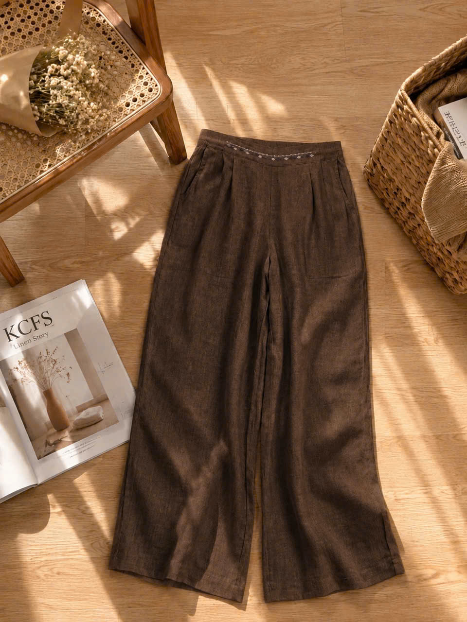 Quần linen tưng lưng thun thêu