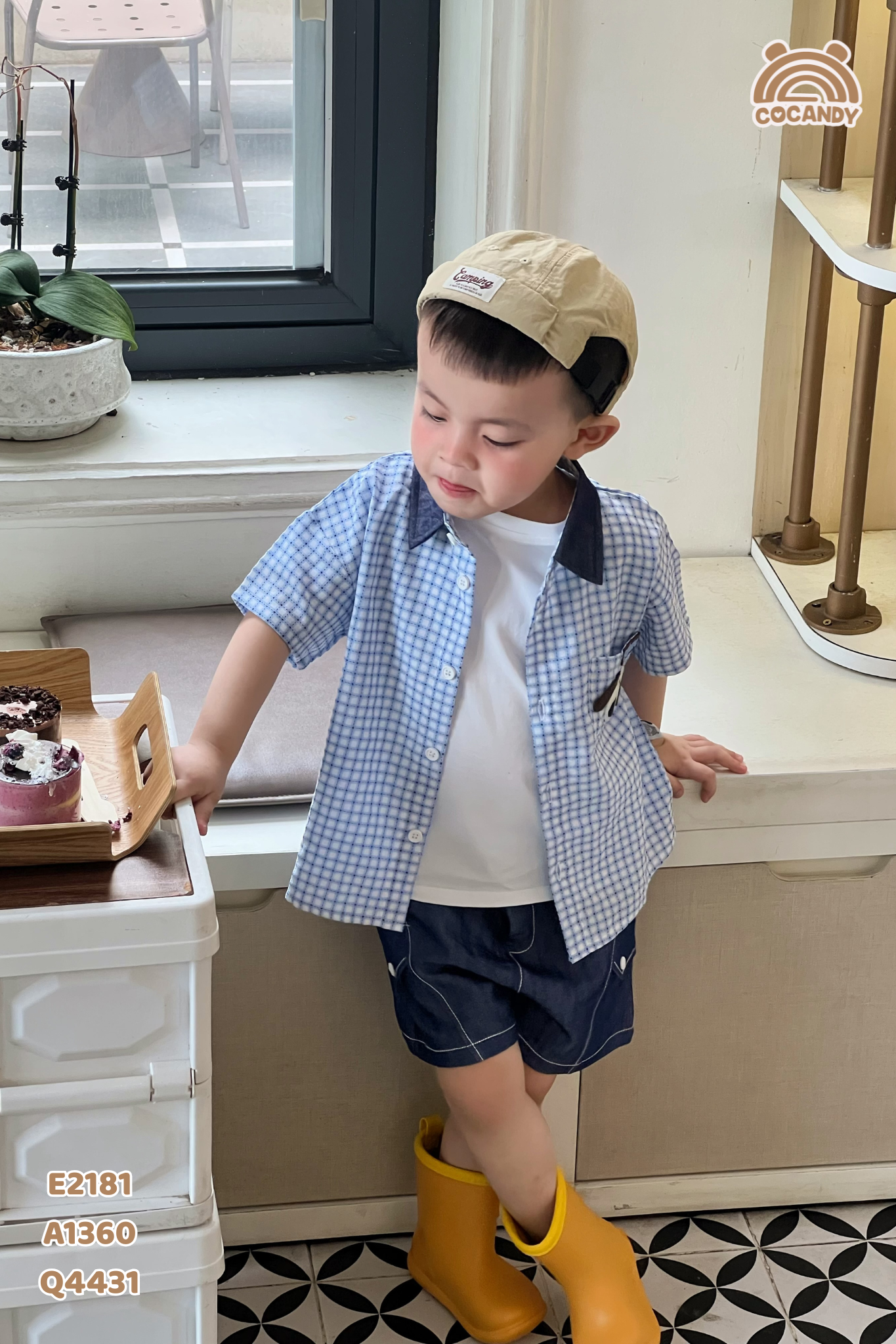 Áo cộc sơ mi kẻ XANH cổ xanh than hình cún_thumbnail_2