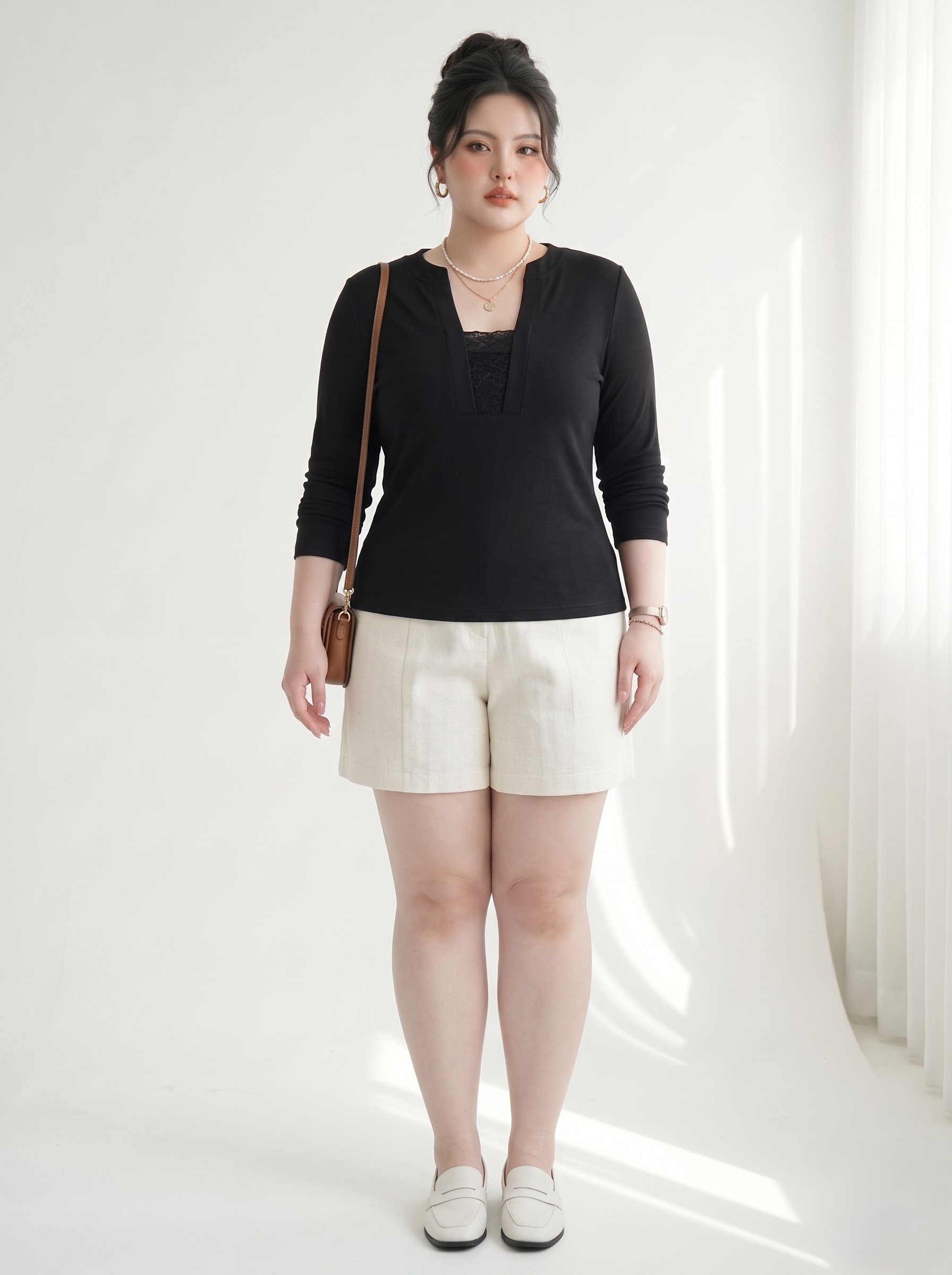 BIGSIZE NỮ - Áo thun kiểu tay dài phối ren V-AK095