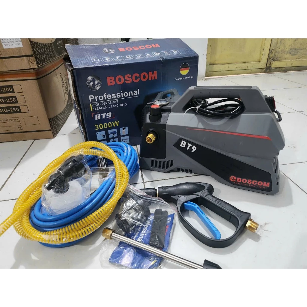 Máy rửa xe Boscom BT9 3000w - Chính hãng , máy rửa xe áp lực cao có chỉnh áp, máy rửa xe mini dây dài 15m - Giá rẻ