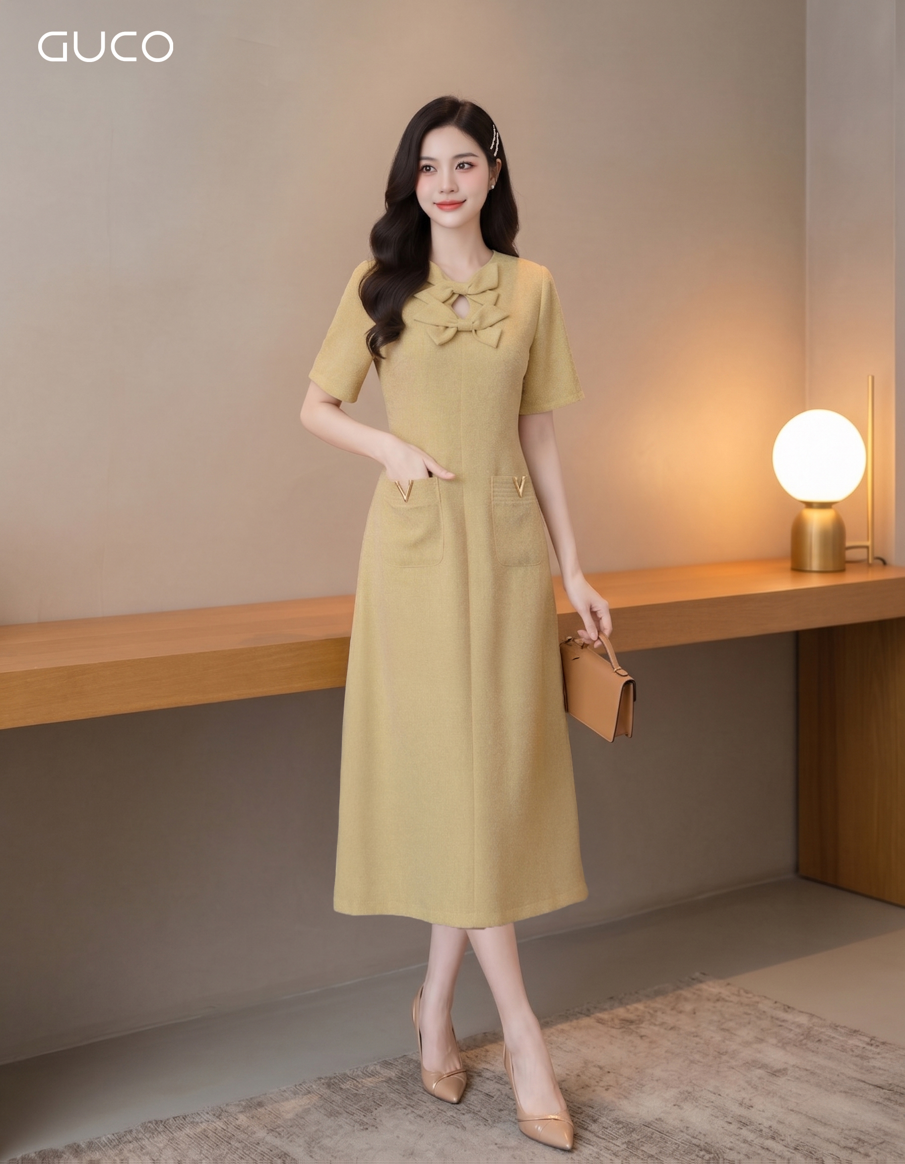 GUCO Đầm Suông Vàng Thanh Nhã Phối Nơ_thumbnail_1