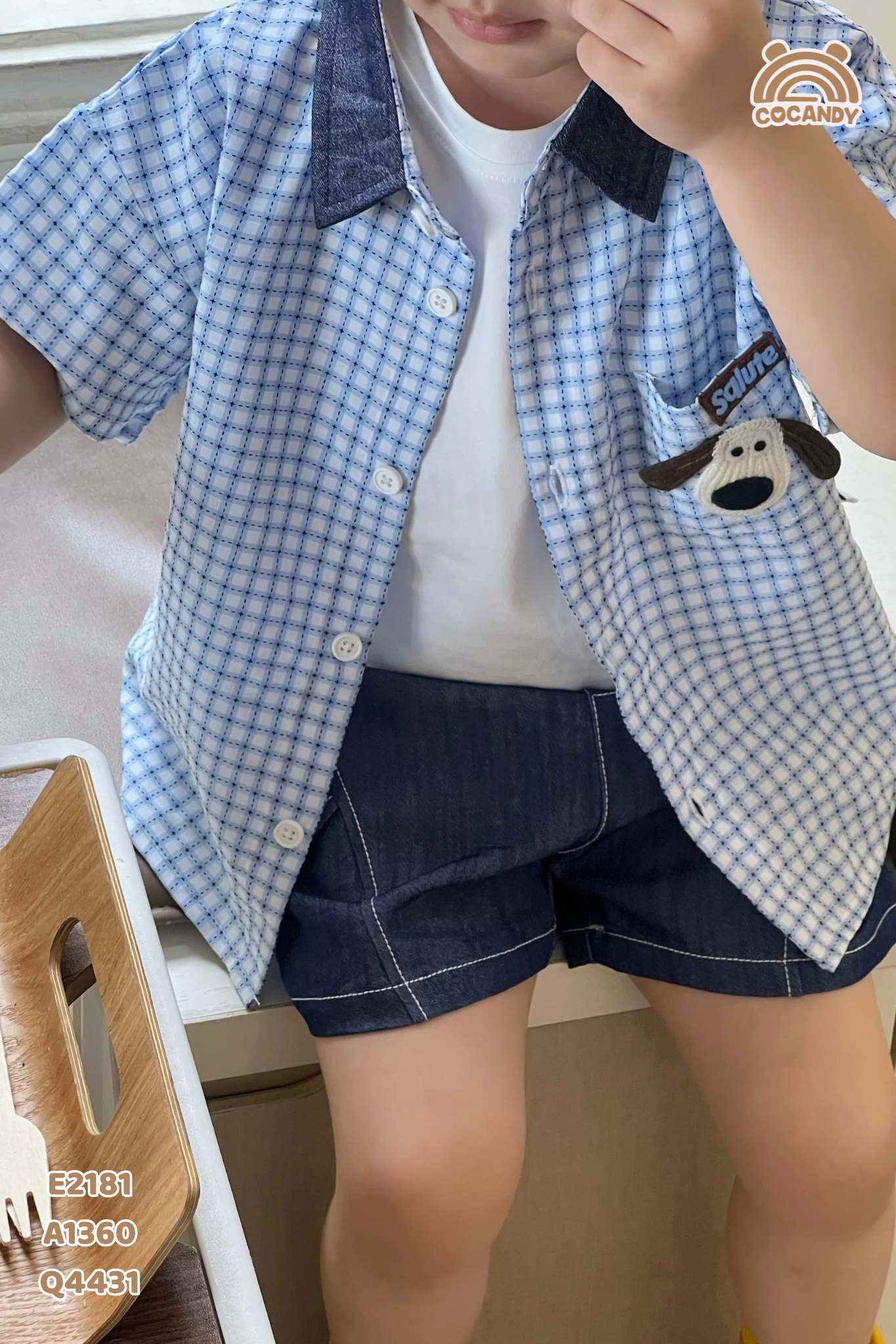 Áo cộc sơ mi kẻ XANH cổ xanh than hình cún_thumbnail_8