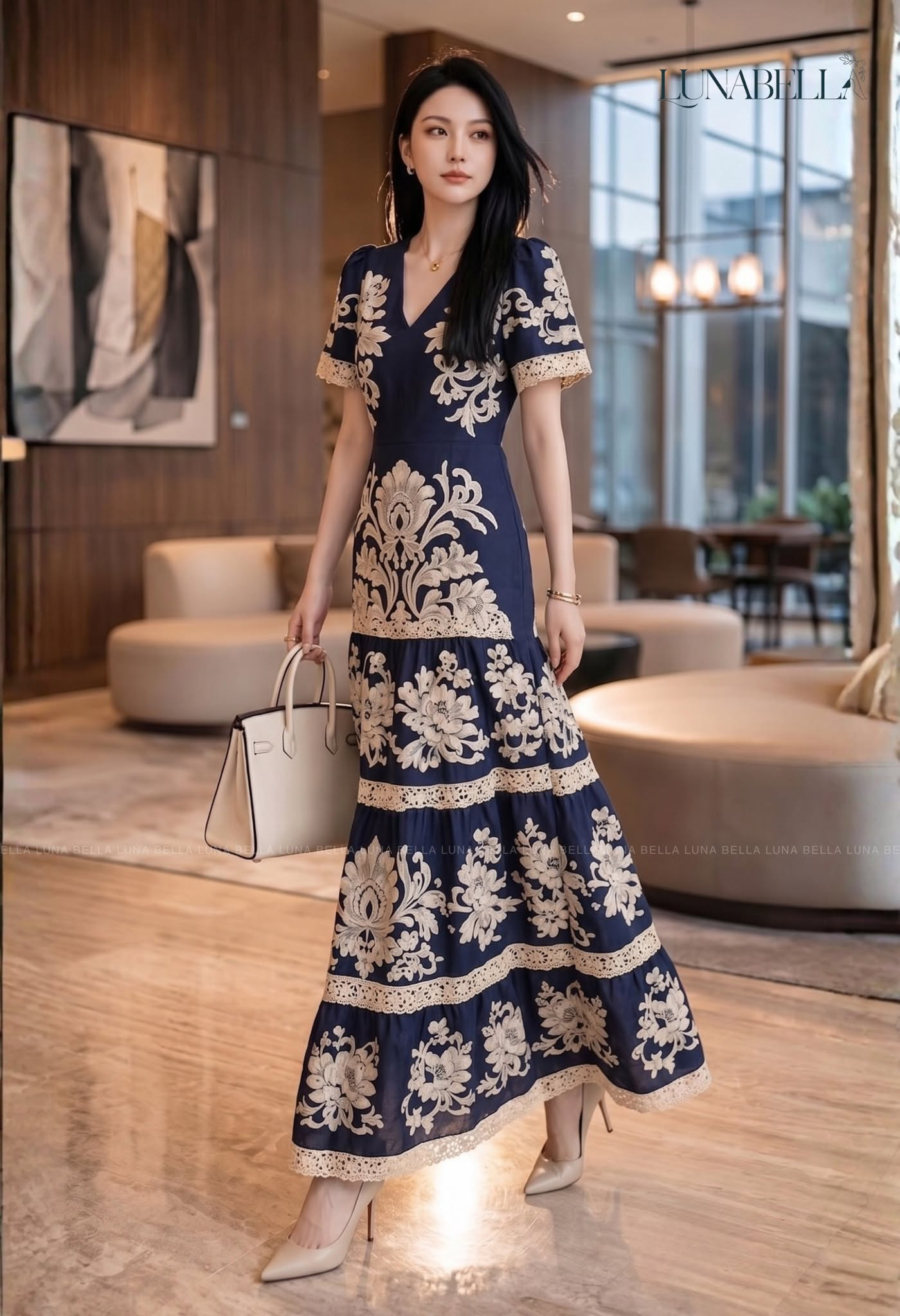 Váy maxi dài hoạ tiết baroque CAIVA màu XANH THAN_thumbnail_1