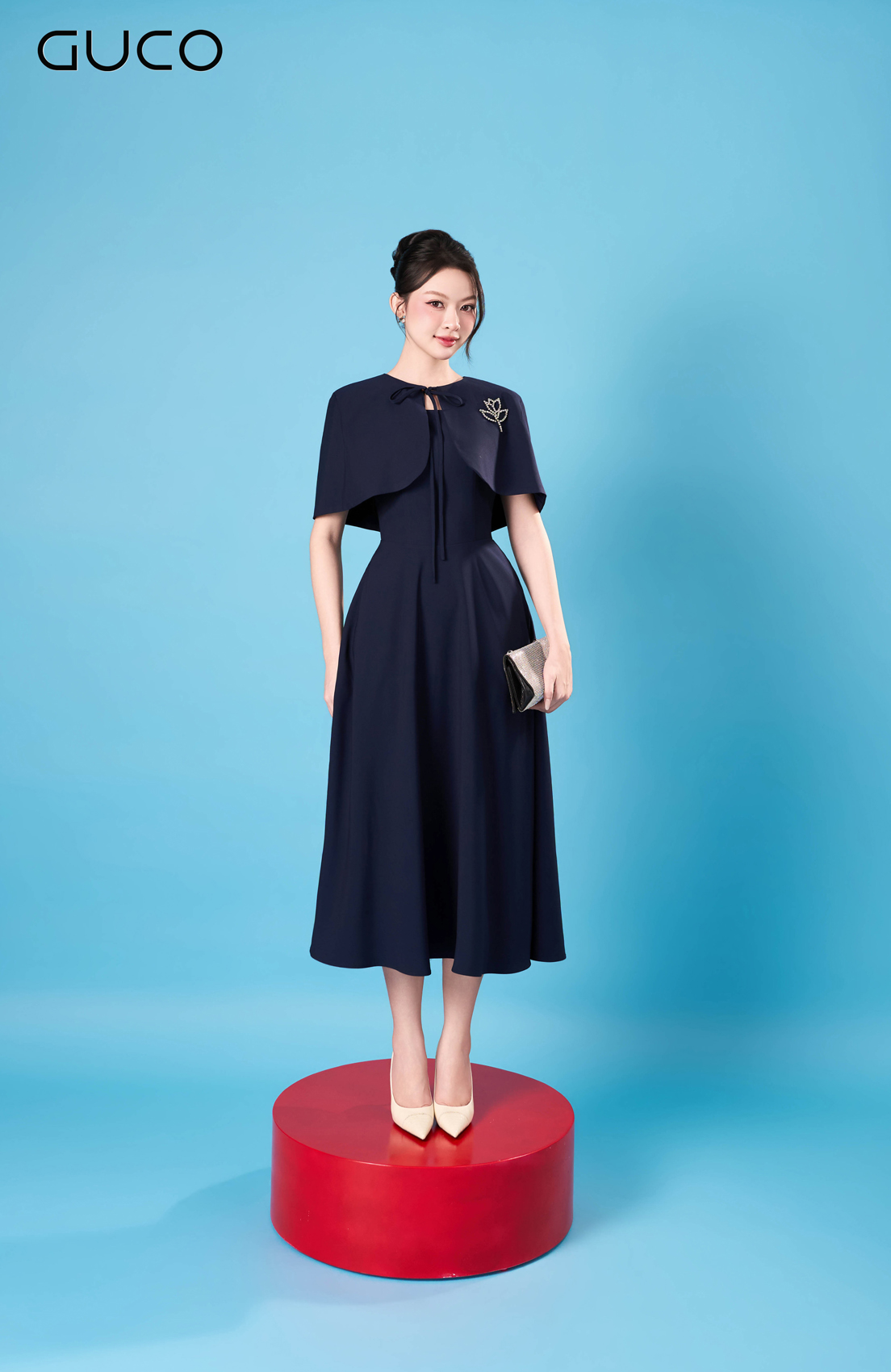 Đầm Xòe Navy Áo Choàng Đính Đá Sapphire - 5162