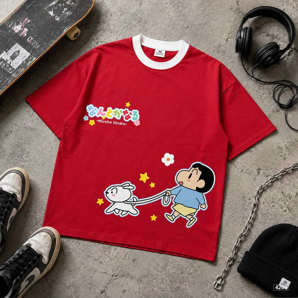 Áo thun unisex form boxy phối cổ mix màu hoạt hình Miucho 4266_thumbnail_5