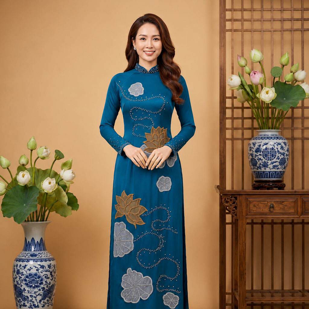 Áo Dài Mẹ Cô Dâu Chú Rể Thêu Hoa Sen Xanh Cổ Vịt Sang Trọng AM26-16_thumbnail_5