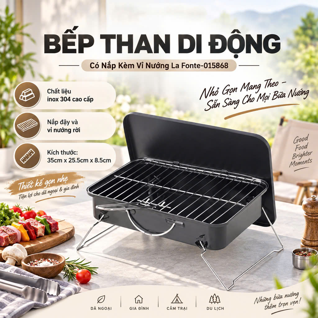 Bếp Than Di Động Có Nắp Kèm Vỉ Nướng La Fonte