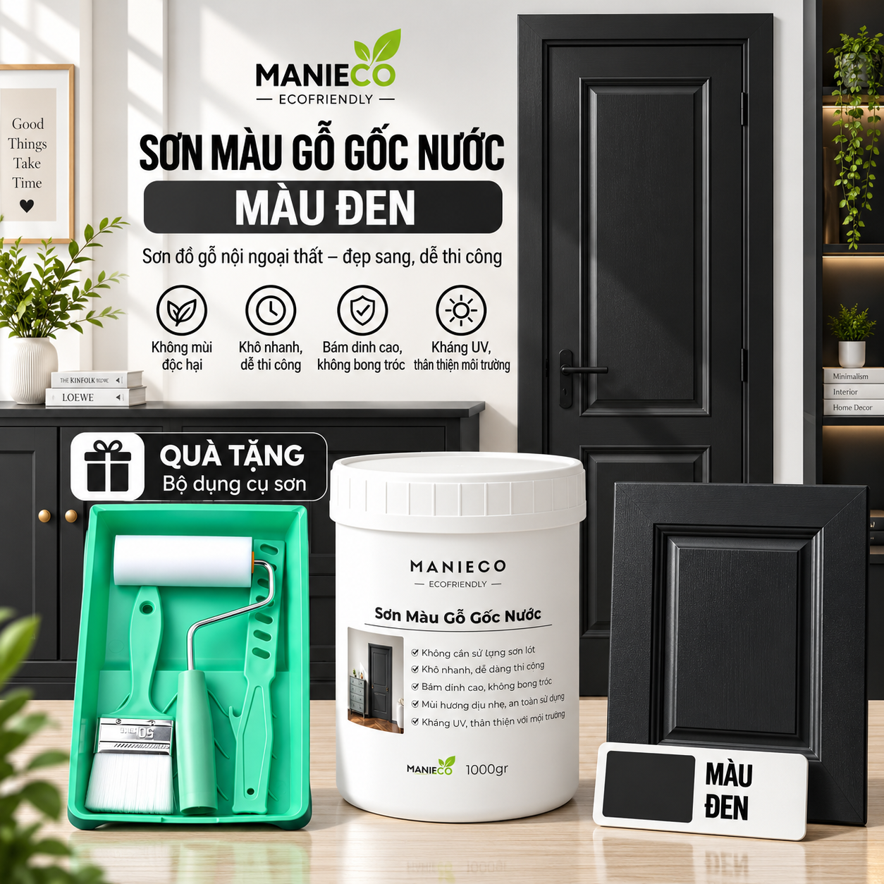 Màu Đen - Sơn Gỗ Gốc Nước Đổi Màu Manieco 1KG - Nội Ngoại Thất, Che Phủ Hoàn Toàn, Không Mùi