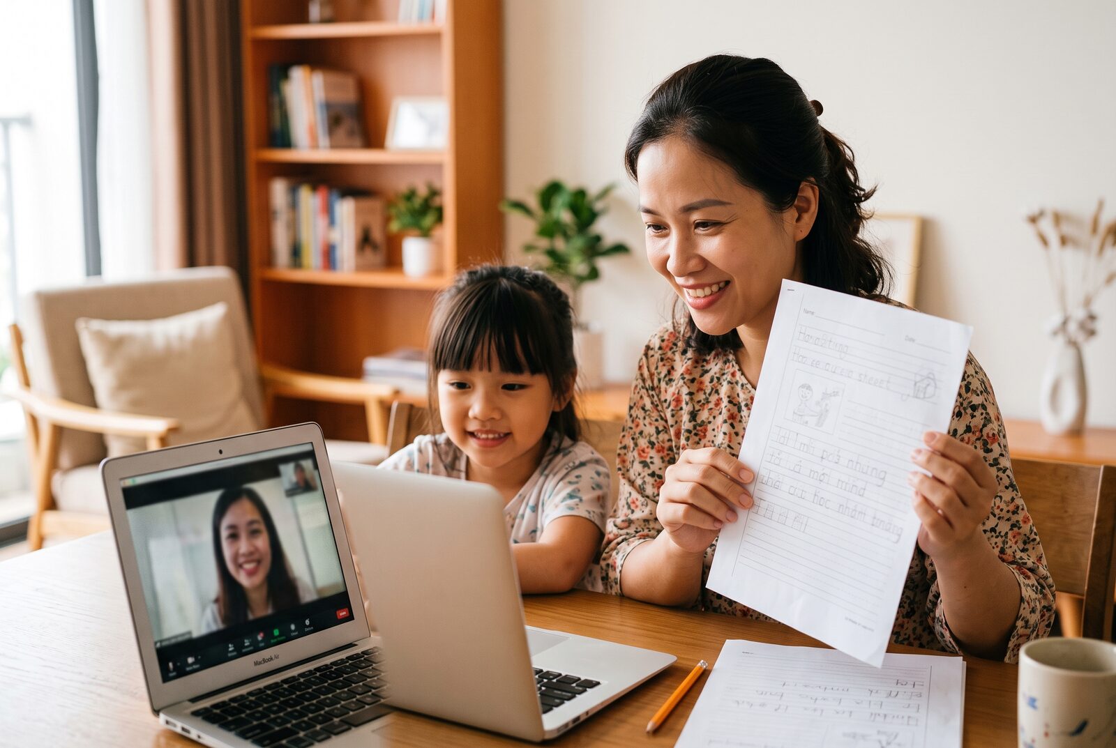 Mẹ gọi video trao đổi với giáo viên đồng hành