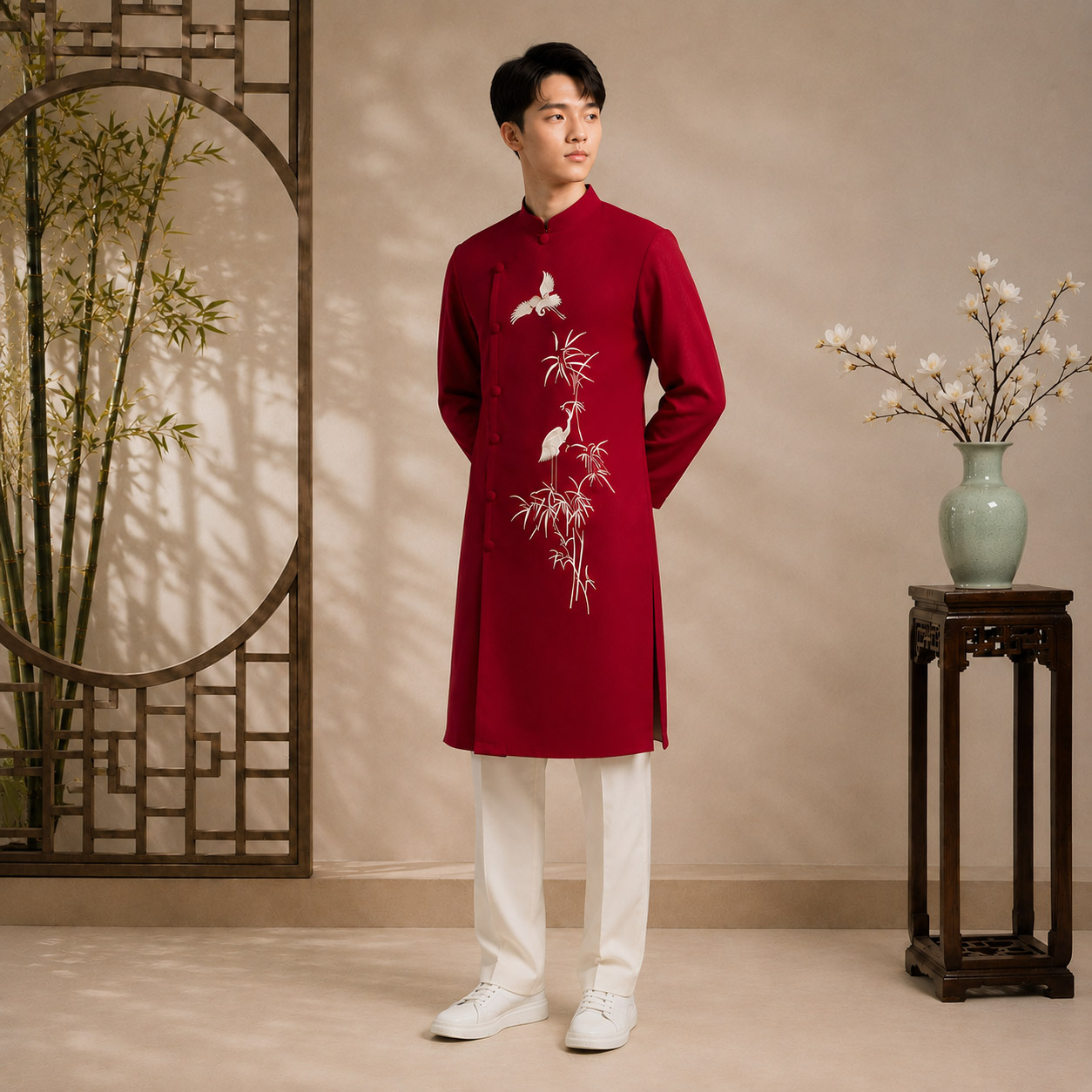 Áo Dài Nam Cách Tân Taffeta Đỏ Đô Thêu Trúc Quân Tử Cao Cấp NA26-21_thumbnail_2
