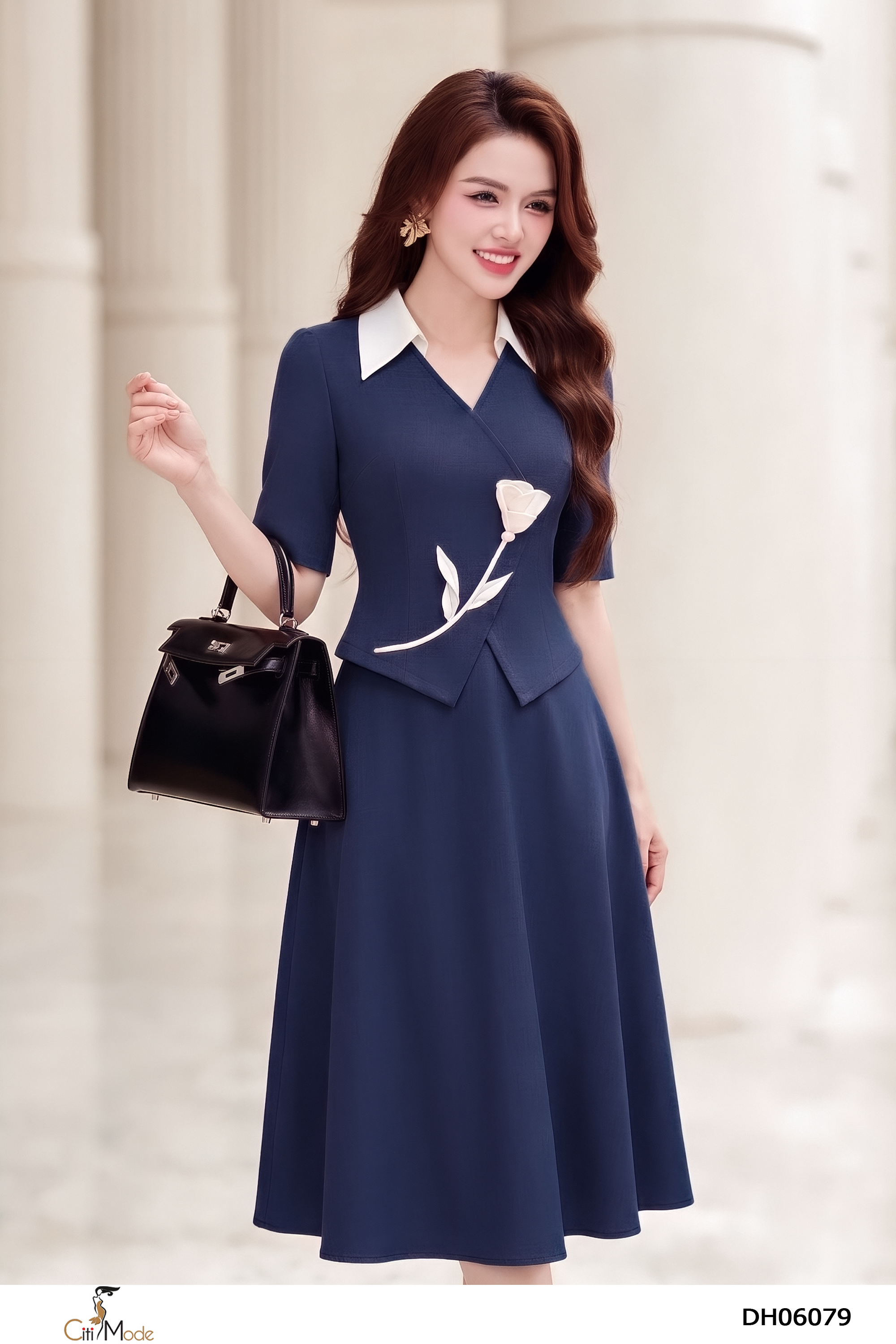 Đầm xòe xanh đen giả sét cổ V đức đính hoa eo, tay lỡ_thumbnail_2