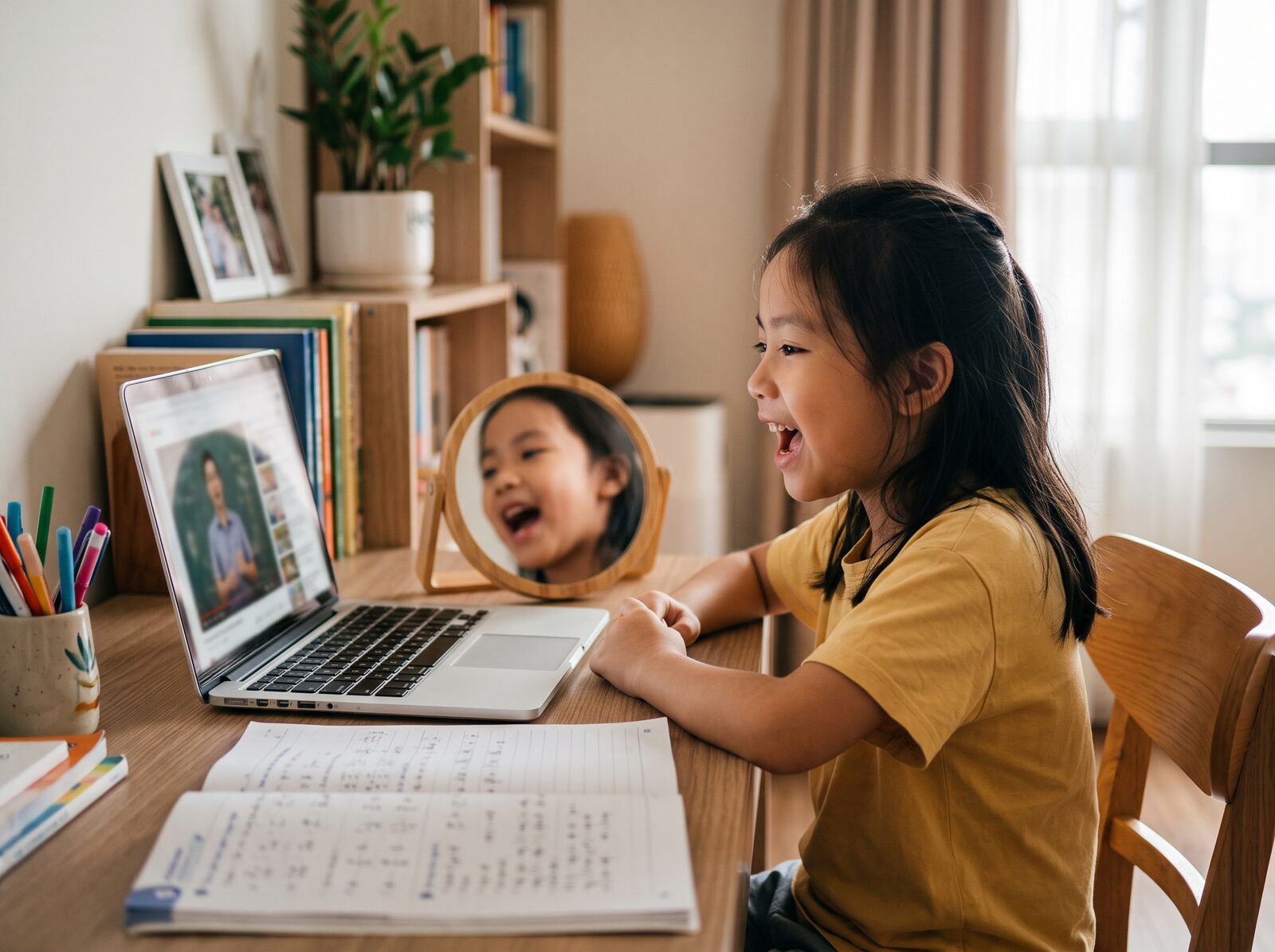 Bé luyện phát âm trước máy tính tại góc học ở nhà