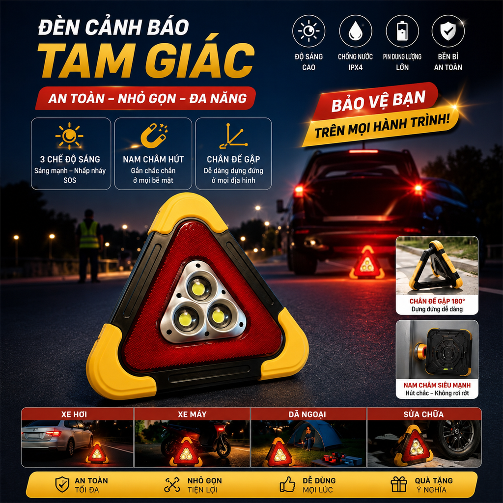 Đèn LED Cảnh Báo Nguy Hiểm Tam Giác Pin Năng Lượng Mặt Trời