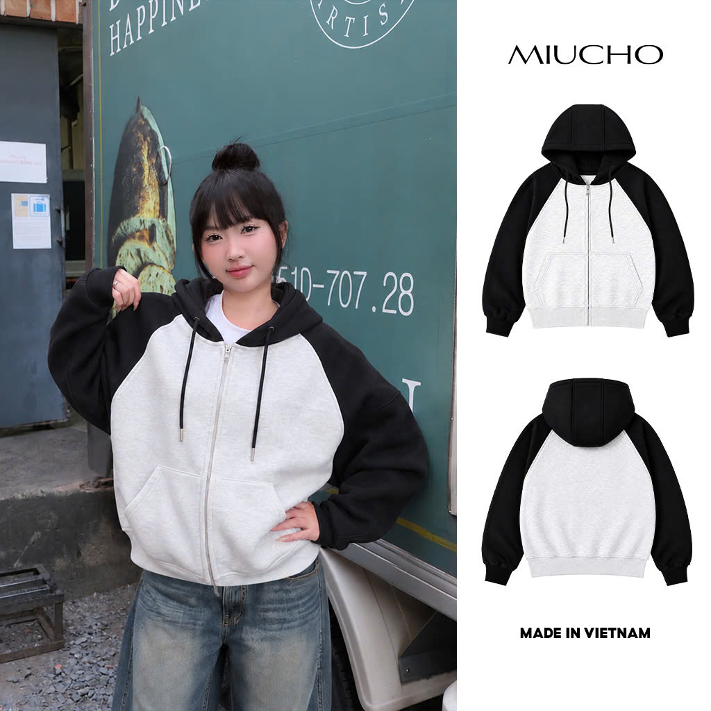 Áo hoodie zip Miucho form rộng raglan vải nỉ 2 da trơn HDT00082