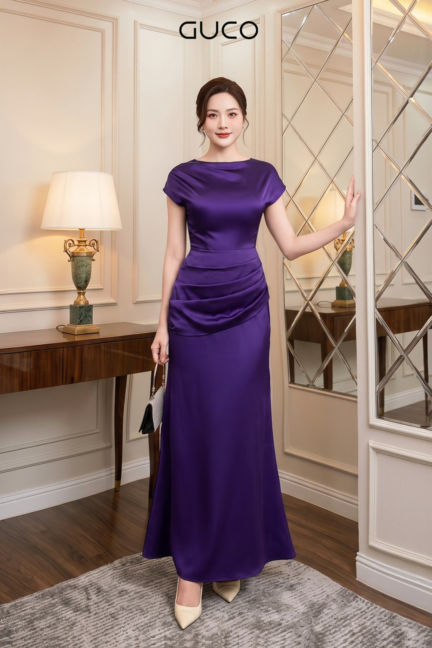 Đầm Dạ Hội Tím Xếp Nhún Vạt Lệch