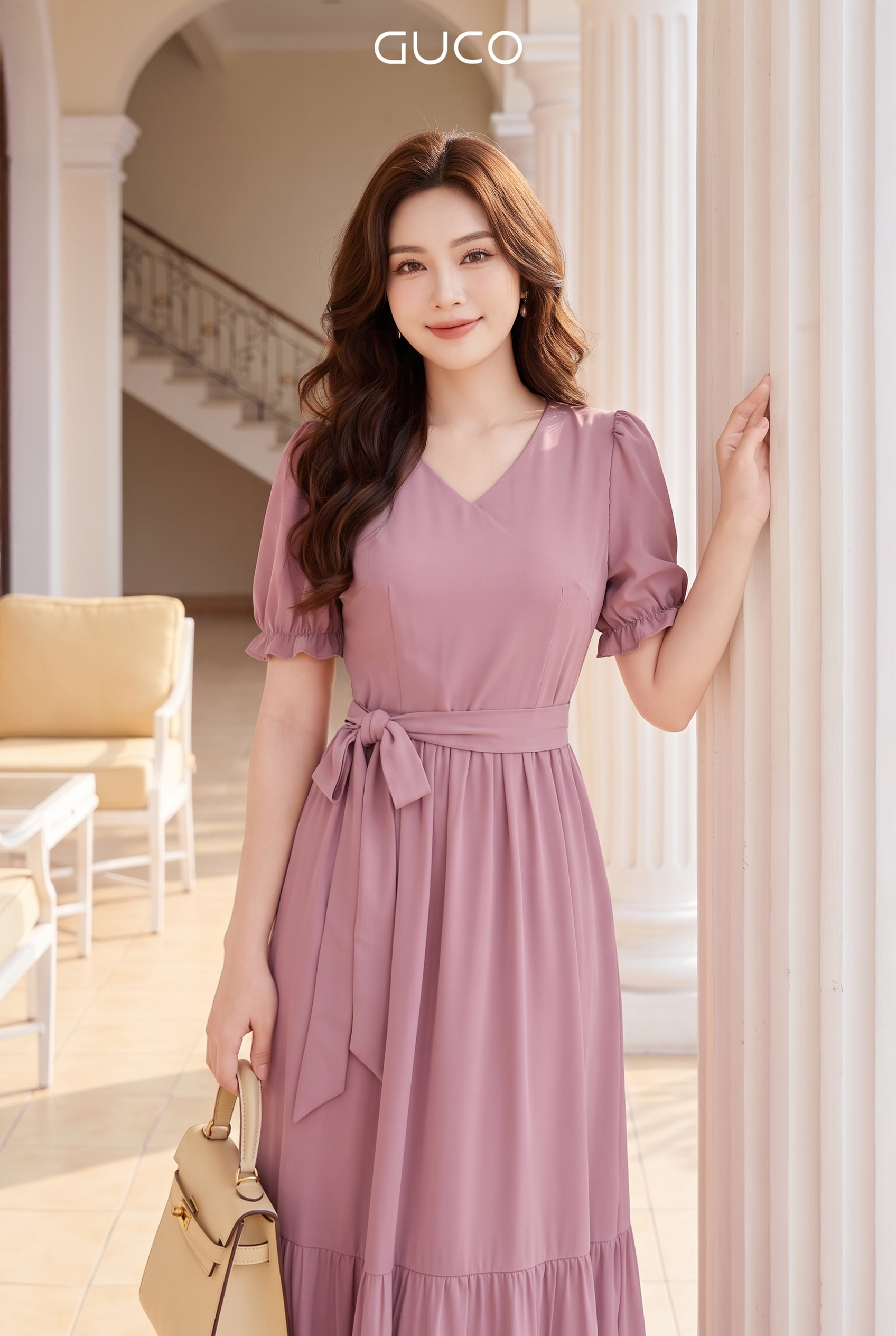 Đầm Maxi Hồng Tay Phồng Xếp Tầng Thắt Nơ_thumbnail_1