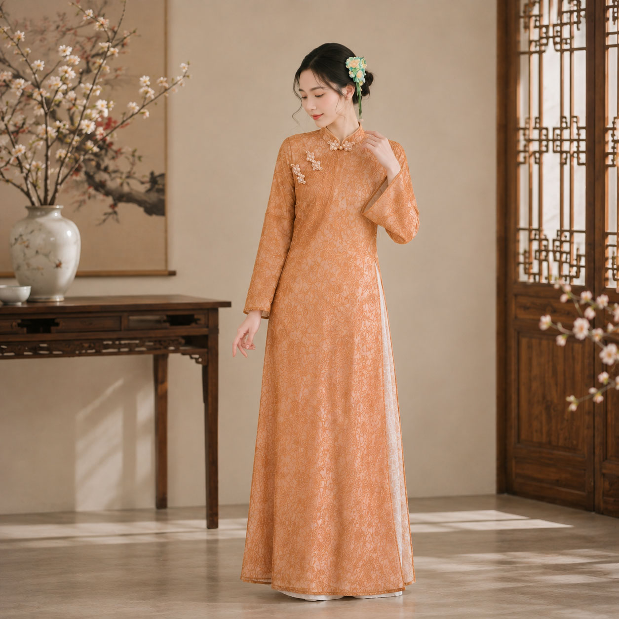Áo Dài Cách Tân Nữ Dáng Suông Vải Ren 4 Tà Tay Dài CT27-02