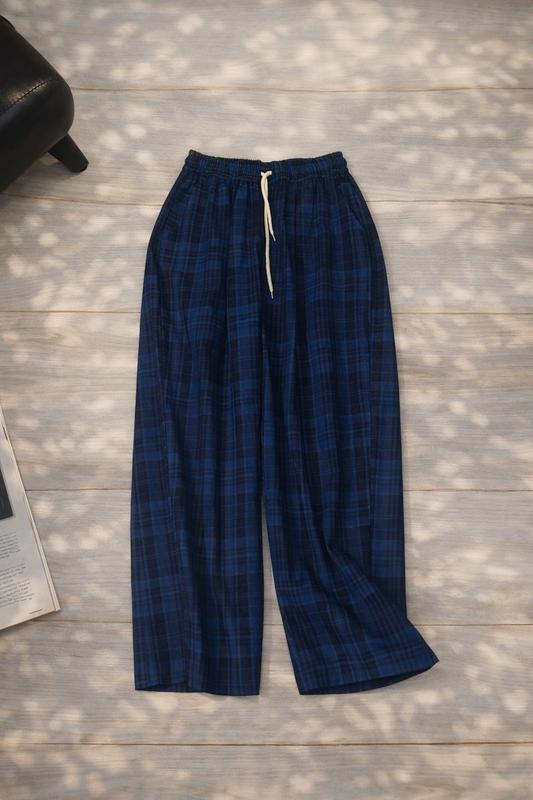 Quần baggy Linen caro  lưng thun dây rút