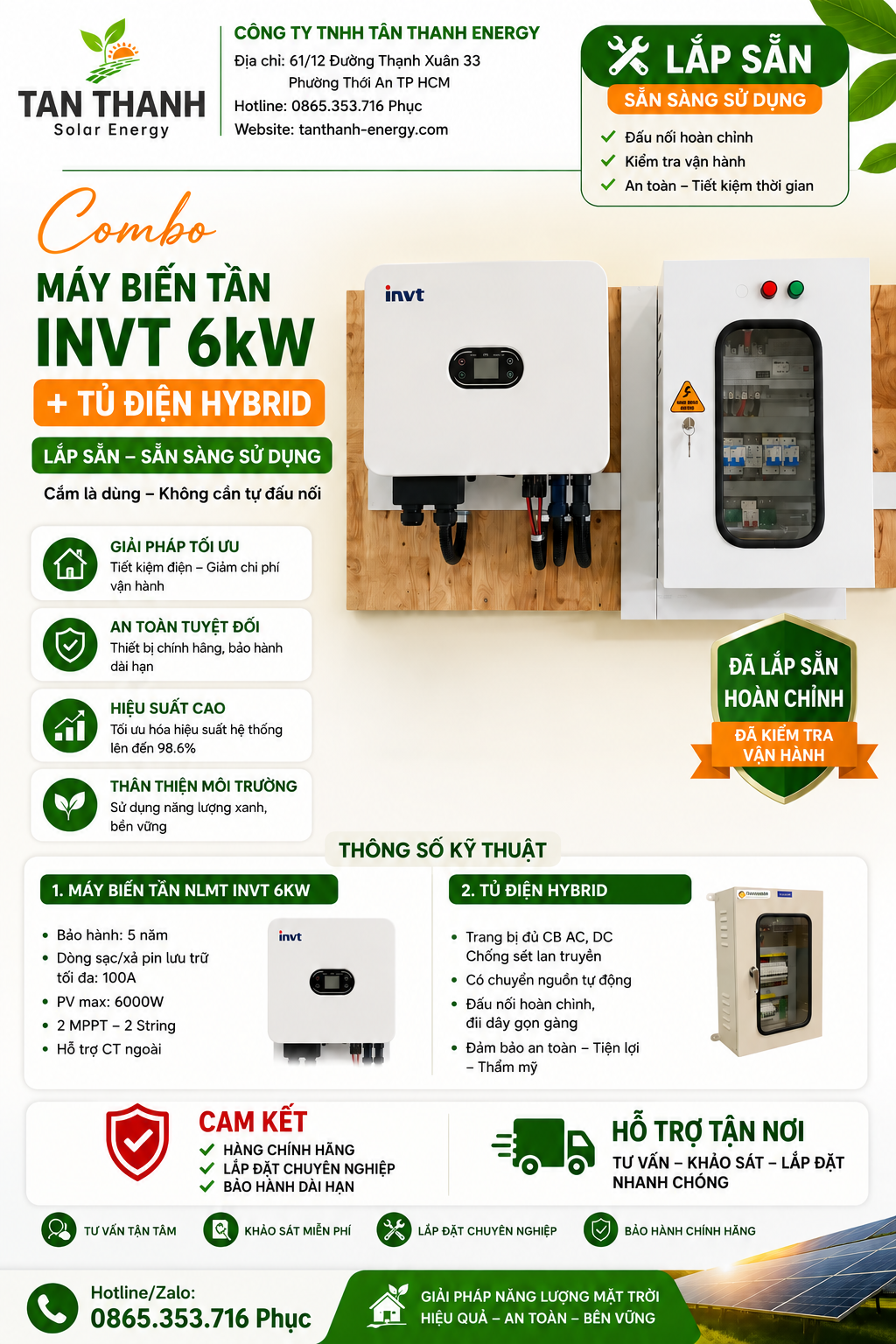 COMBO MÁY BIẾN TẦN NLMT INVT 6kW + TỦ ĐIỆN HYBRID LẮP SẴN