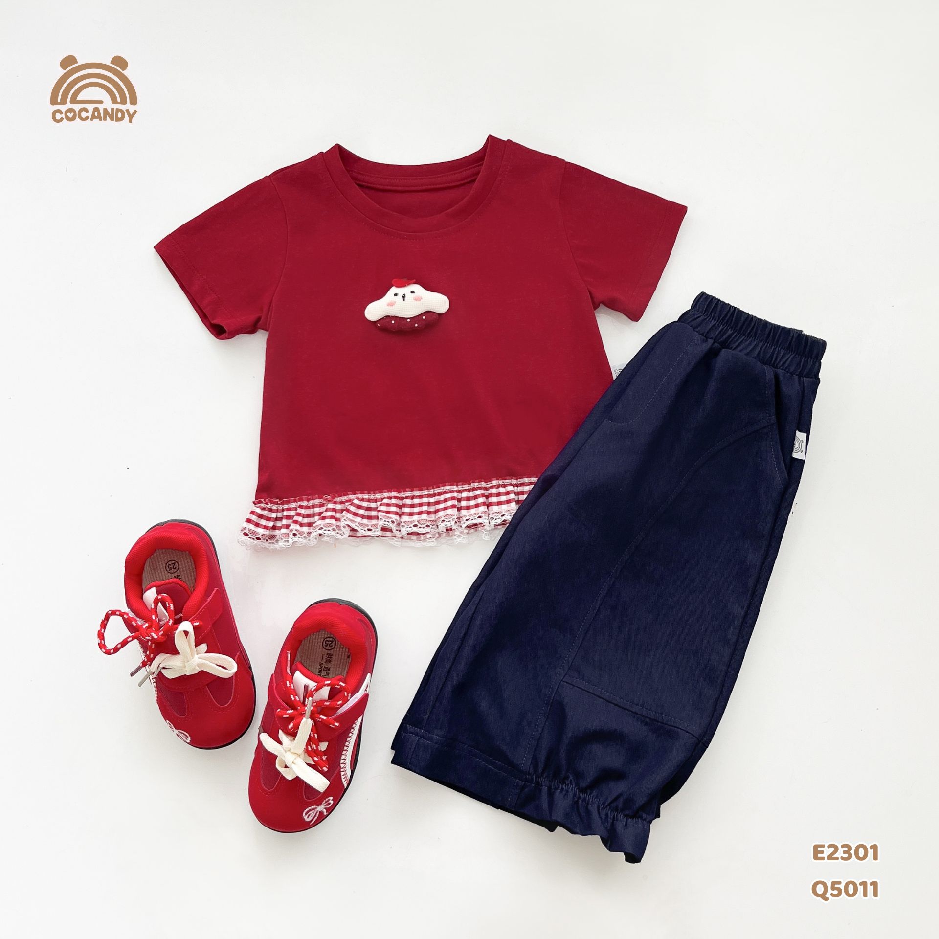 Áo cộc cotton ĐỎ thêu cún nhún bèo caro_thumbnail_6