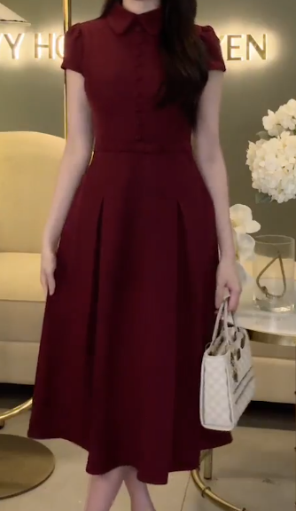 Đầm Xoè Cổ Sen Nơ Eo Tay Cộc_thumbnail_5