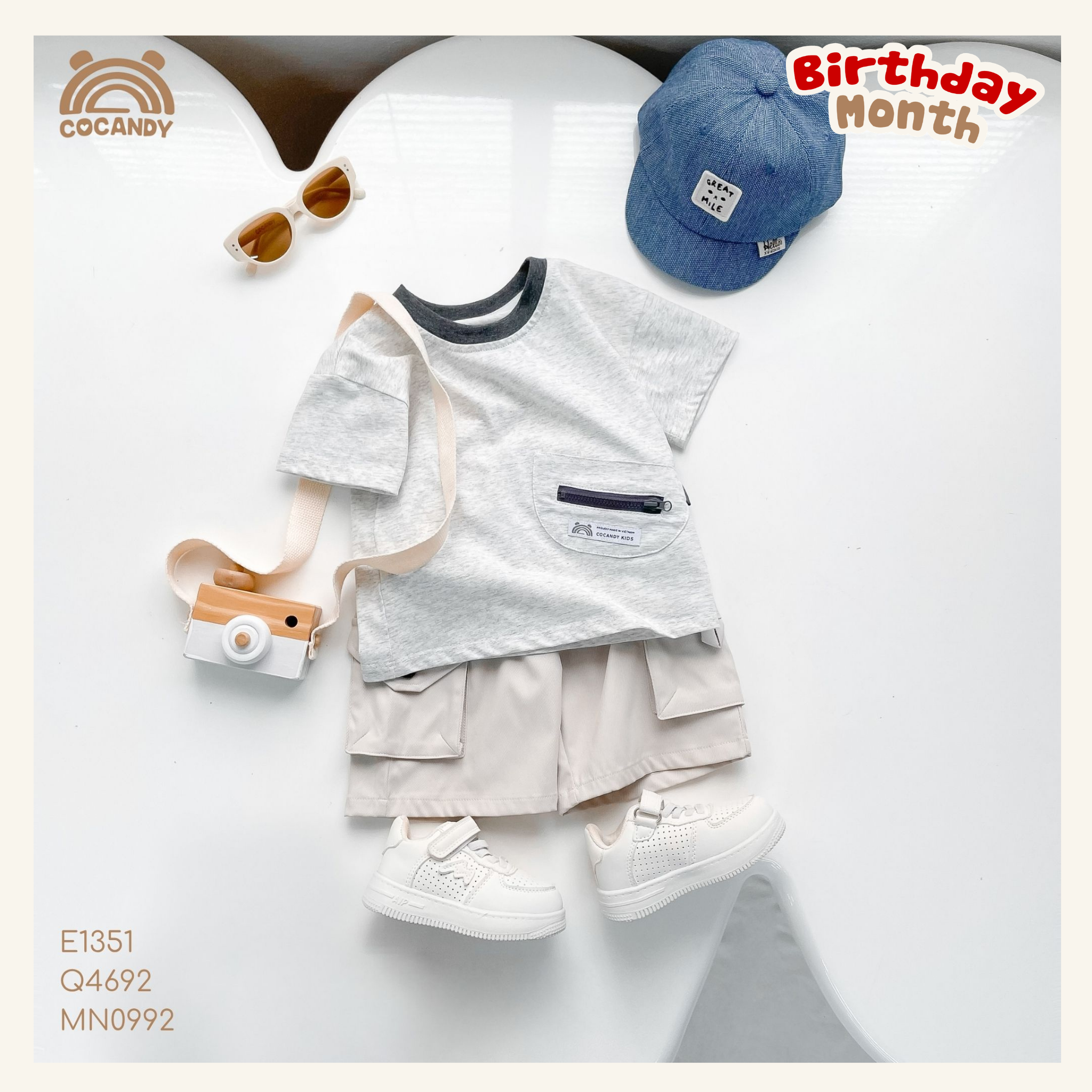 Áo cộc cotton GHI NHẠT phối túi bụng