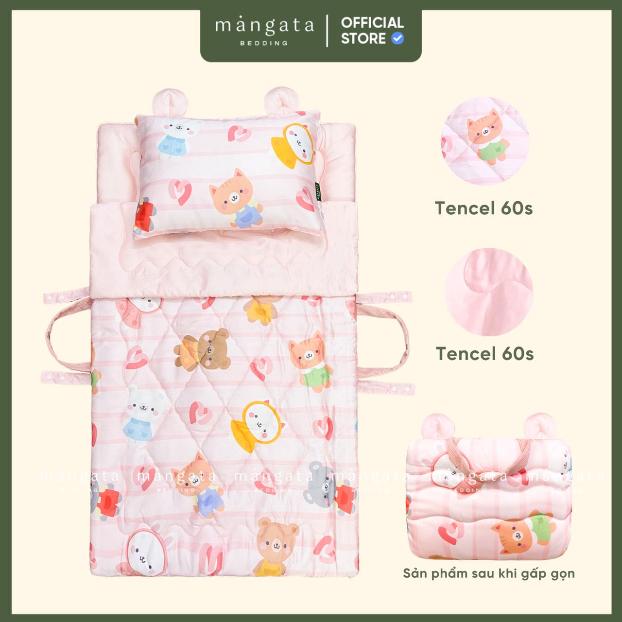 Mẫu Gấu tim hồng - Bộ chăn gối gấp gọn đi học