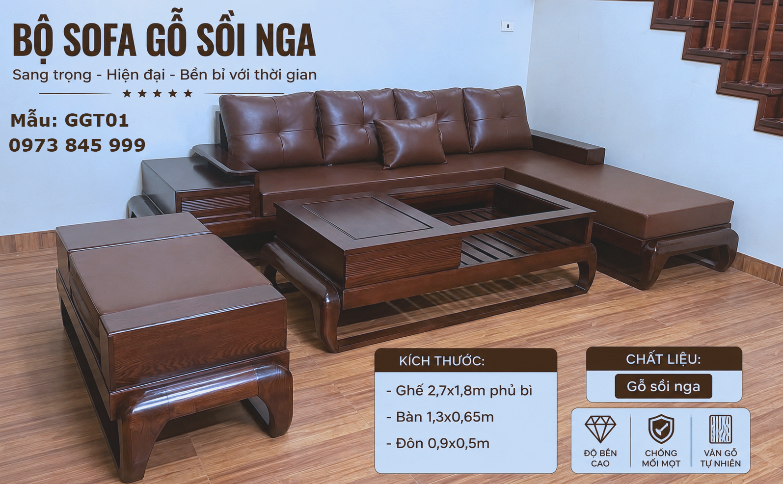 Sofa góc L chân gà vế trái màu nâu đỏ