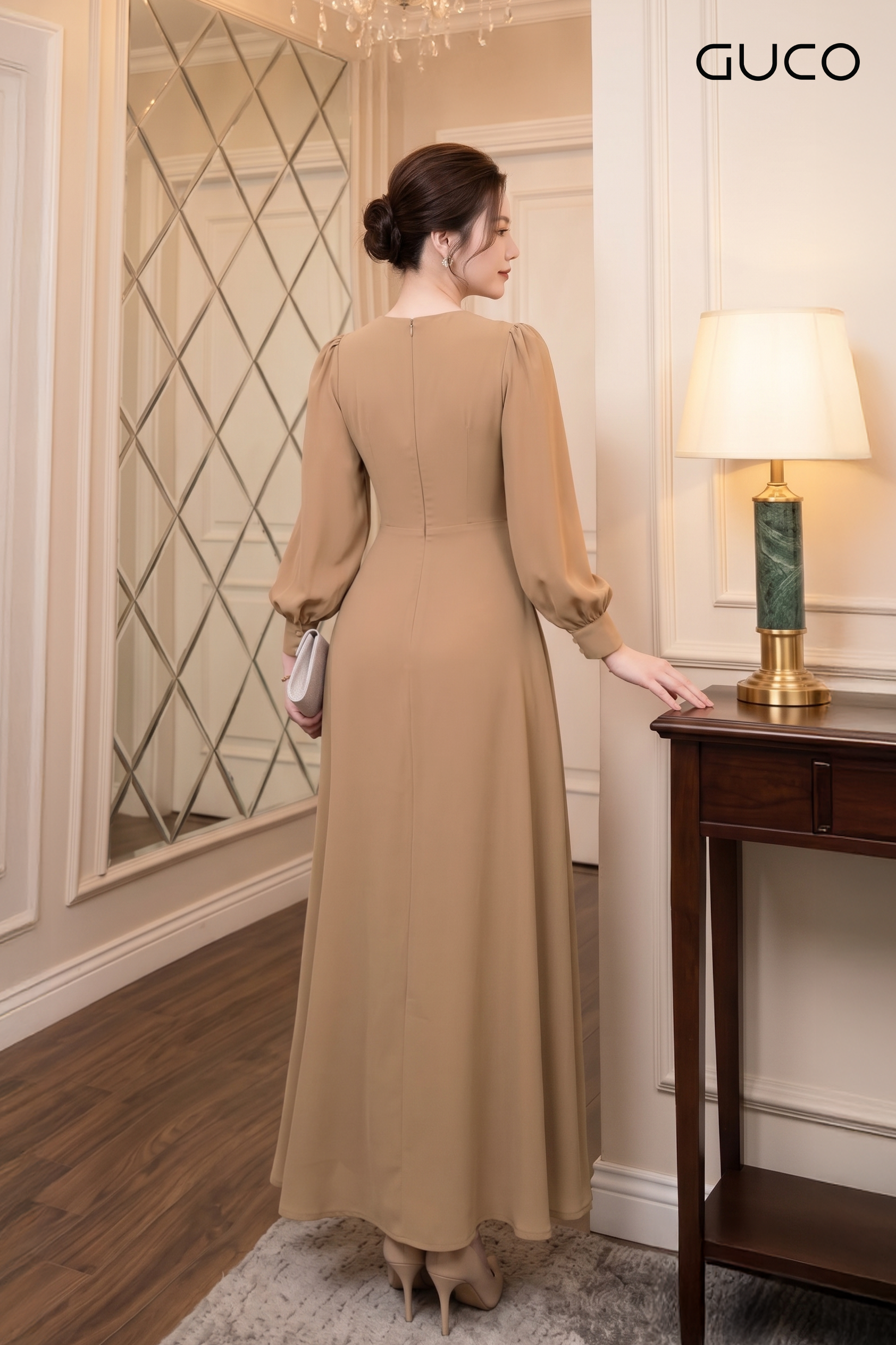 Đầm Maxi Nâu Cổ Tròn Tay Dài Đính Hoa - 5241_thumbnail_2