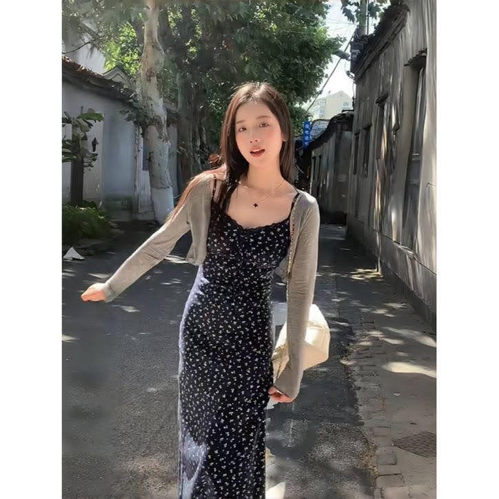 Lucas - Set váy hoa nhí thun co giãn dáng dài chân xòe + áo khoác cardigan