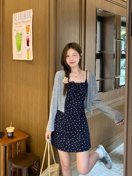 Lucas - Set váy hoa nhí thun co giãn dáng ngắn chân xòe + áo khoác cardigan