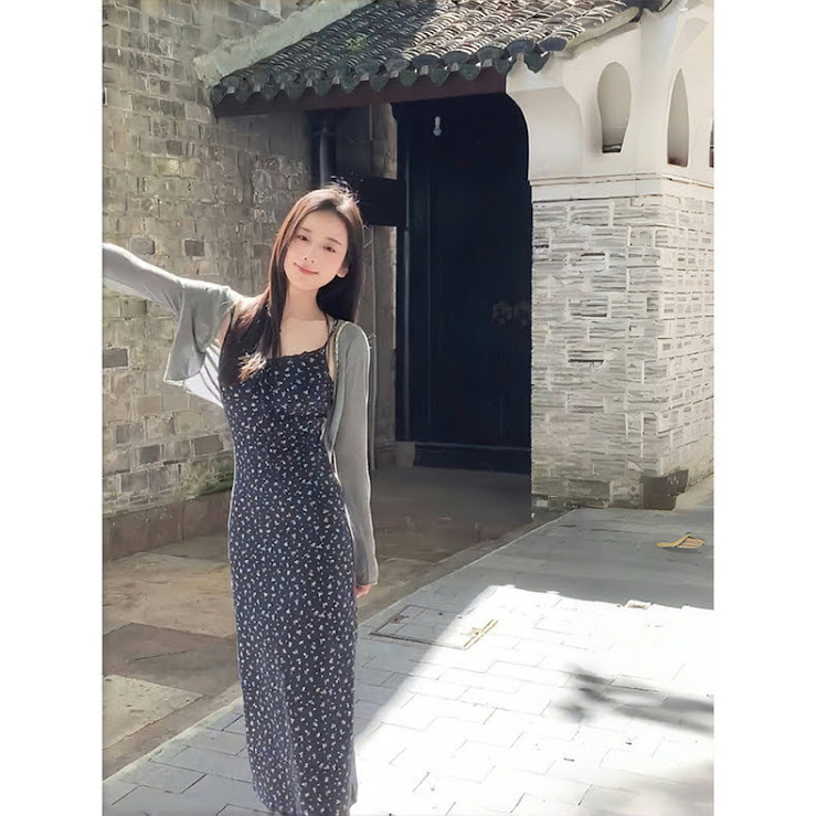 Lucas - Set váy hoa nhí thun co giãn dáng dài chân xòe + áo khoác cardigan