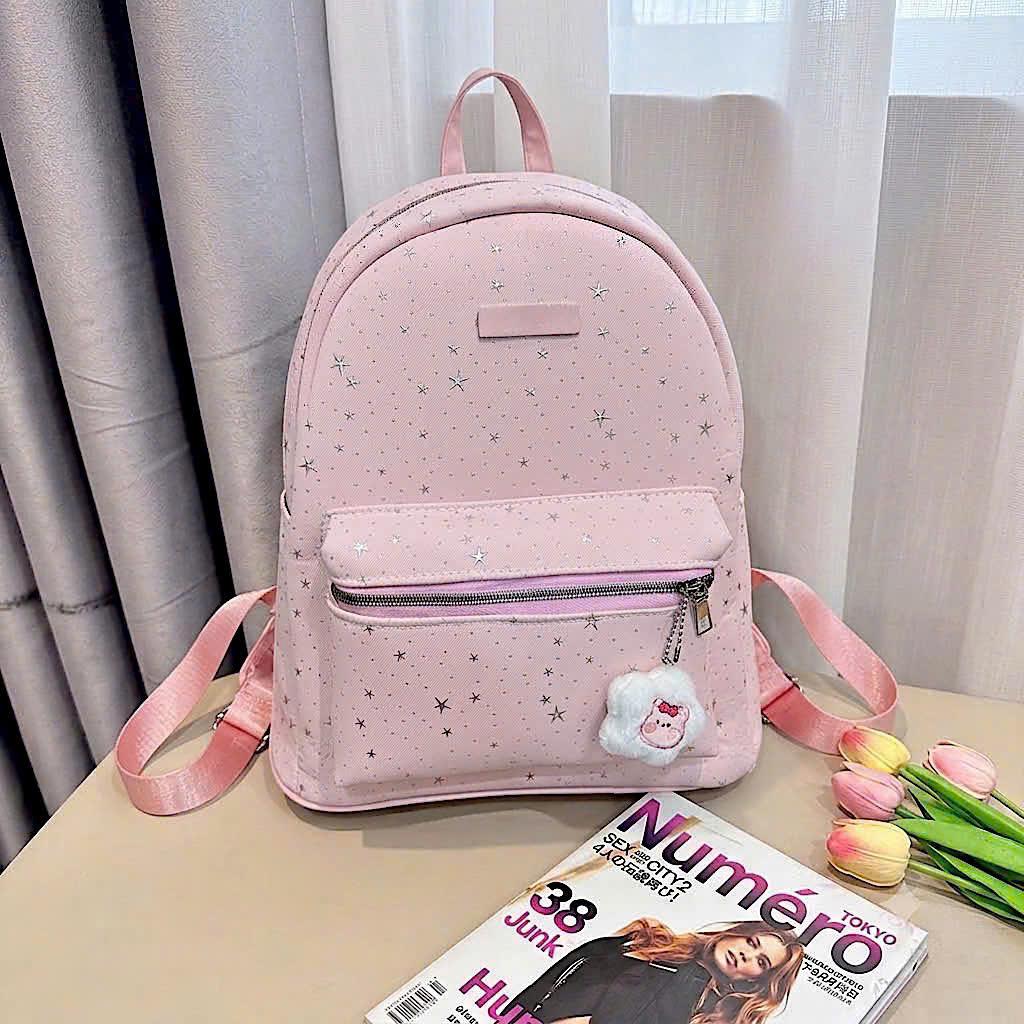 (Tặng Móc Gấu) BaLô Họa Tiết Dải Ngân Hà Nhỏ Gọn Đi Chơi Phối Charm Hoa Mặt Cười Bông Xù Cute BL415