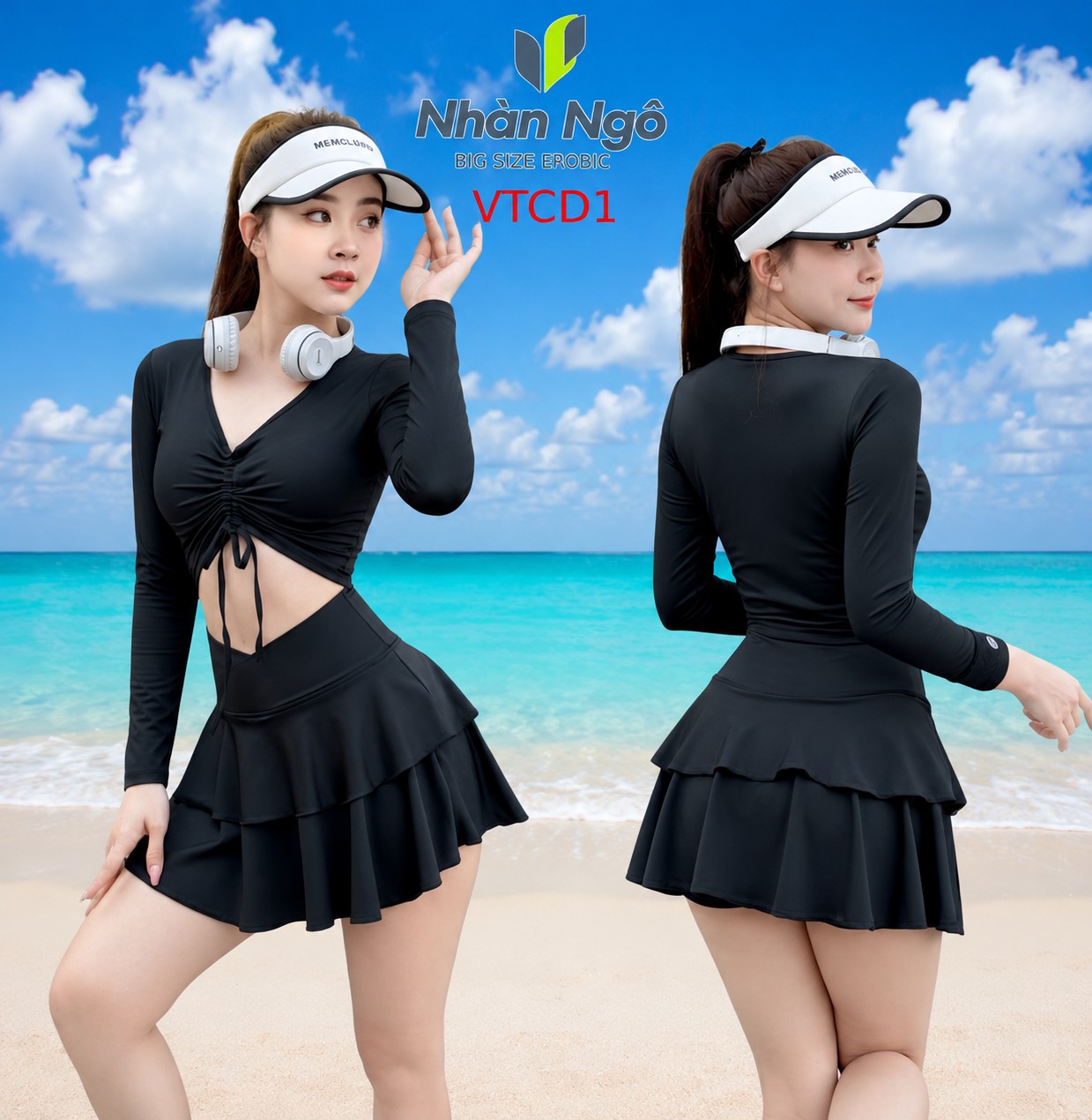Bộ Đồ Bơi, Đồ Tập Aerobic Nữ - Áo Croptop Dài Tay Rút Dây Ngực Kèm Chân Váy Tầng Có Quần Bảo Hộ.