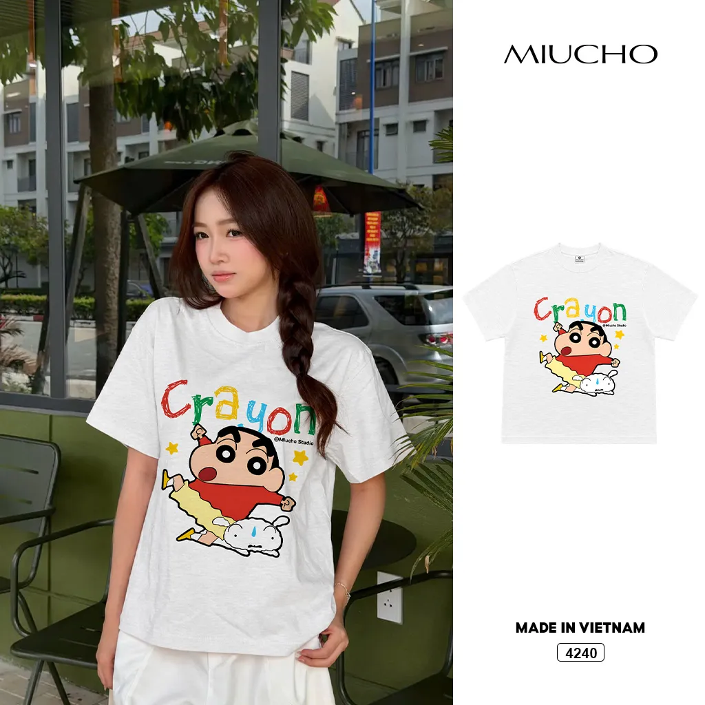 Áo thun boxy unisex chất vải xước hoạt hình Shiin Miucho 4240